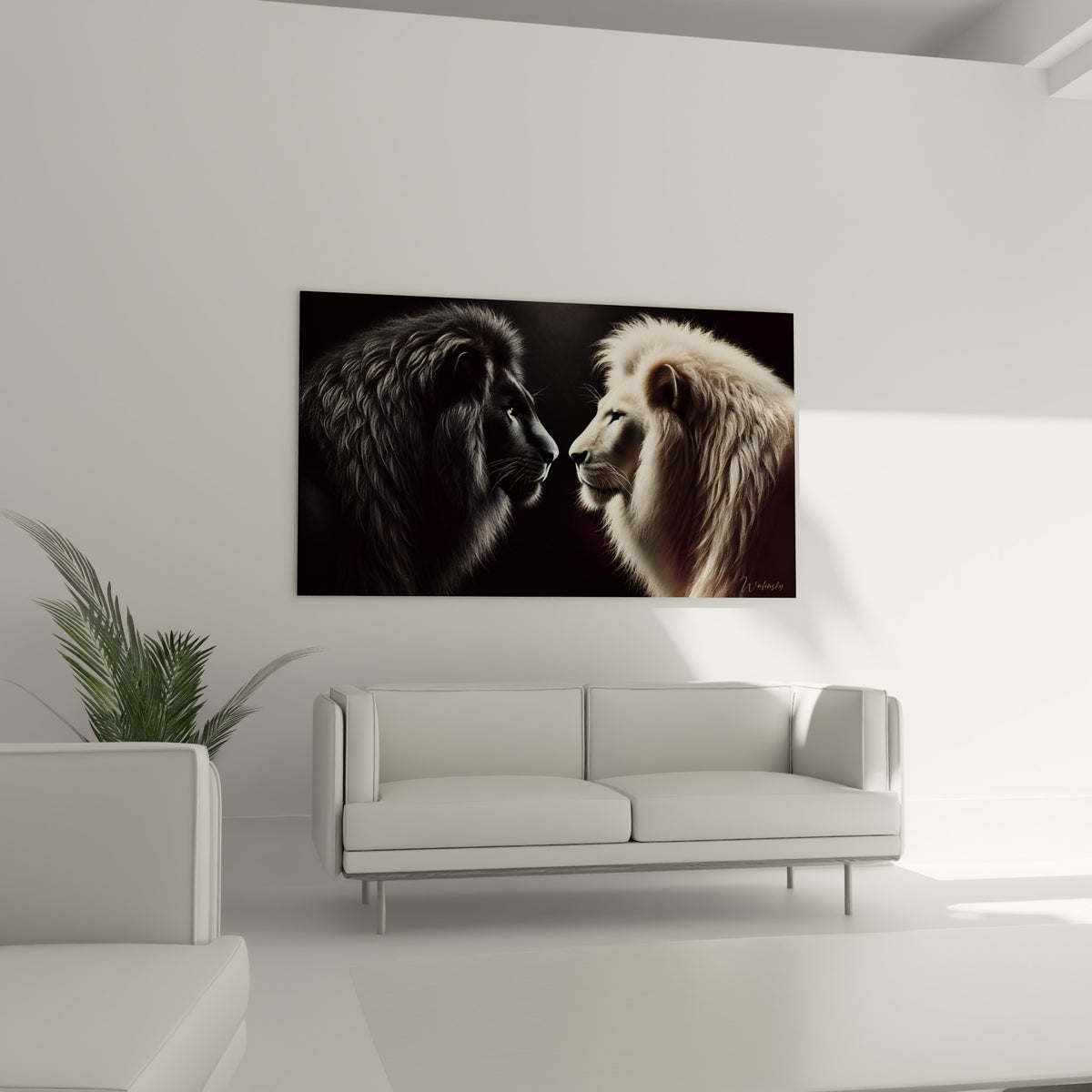 Profils de lions anthracite et ivoire se regardant, fond sombre, au-dessus d'un canapé dans un salon lumineux