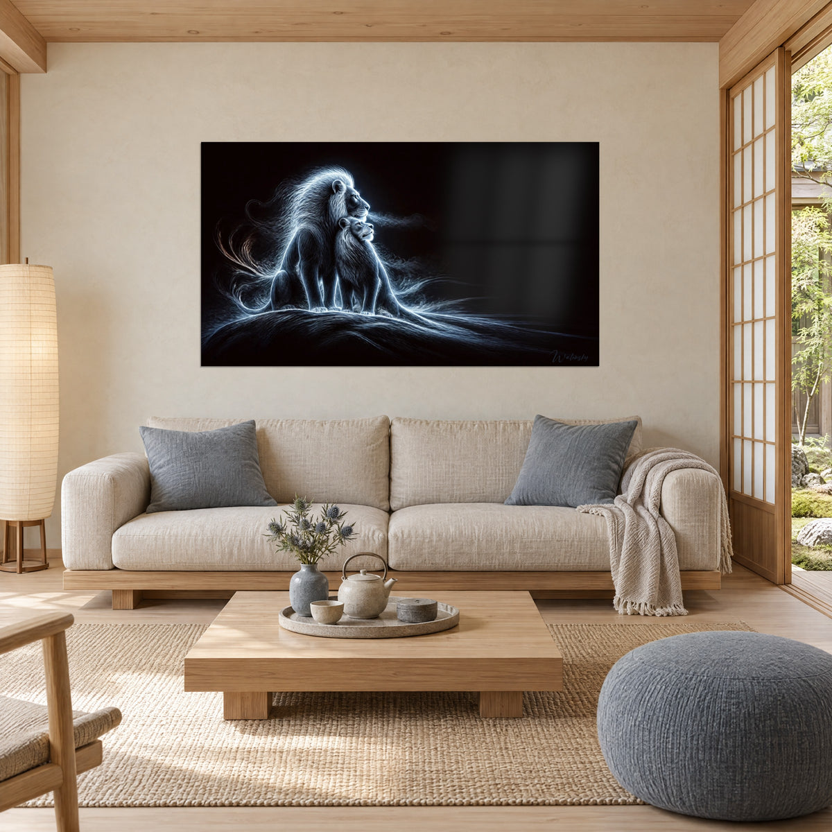 Duo de lions lumineux bleu et anthracite accroché au-dessus d'un lit dans une chambre claire