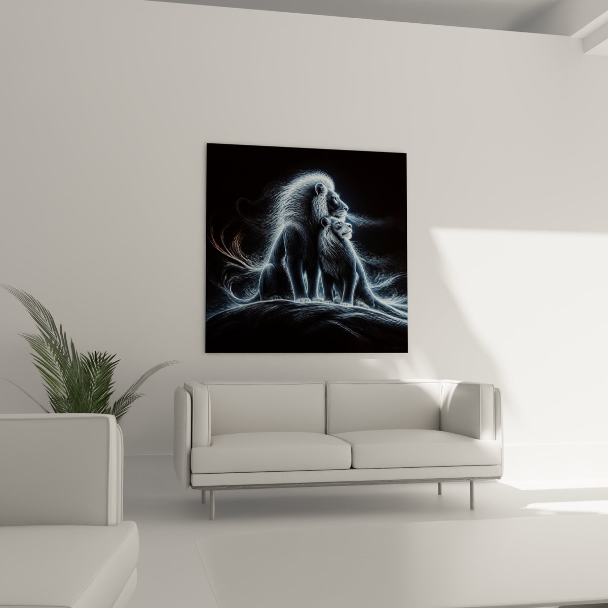 Père et petit lion aux contours lumineux argentés, accrochés au-dessus d'un canapé dans un salon lumineux