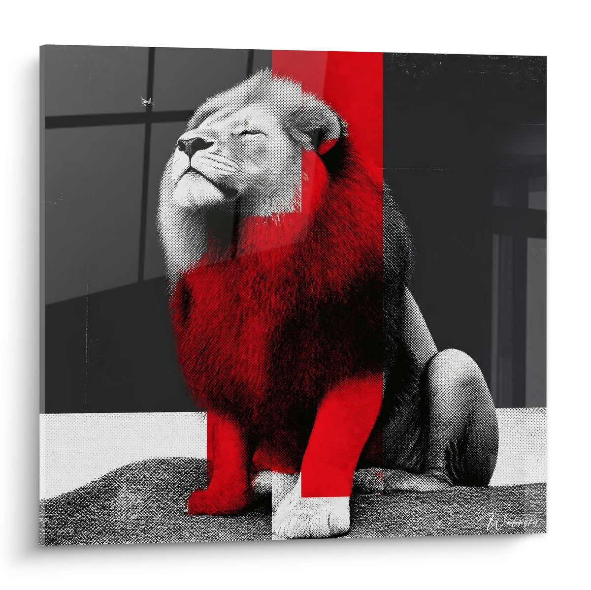 Lion assis tête levée, crinière rouge et noire, fond gris quadrillé tramé en demi-teinte
