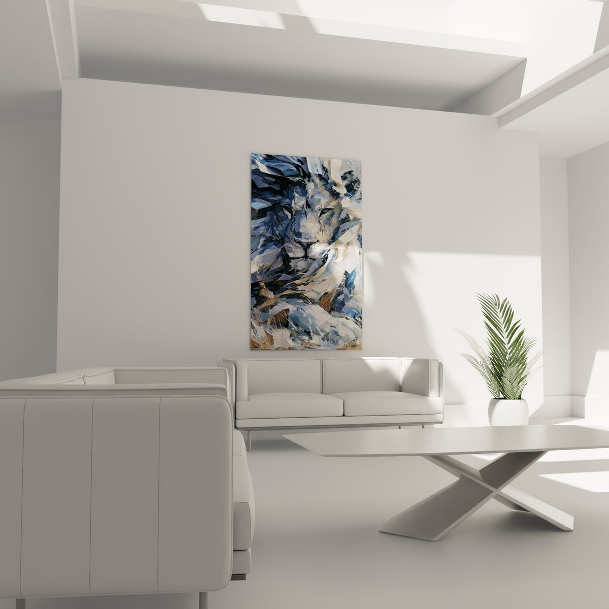 Portrait de lion blanc et bleu nuit, suspendu au-dessus d'un canapé dans un salon lumineux