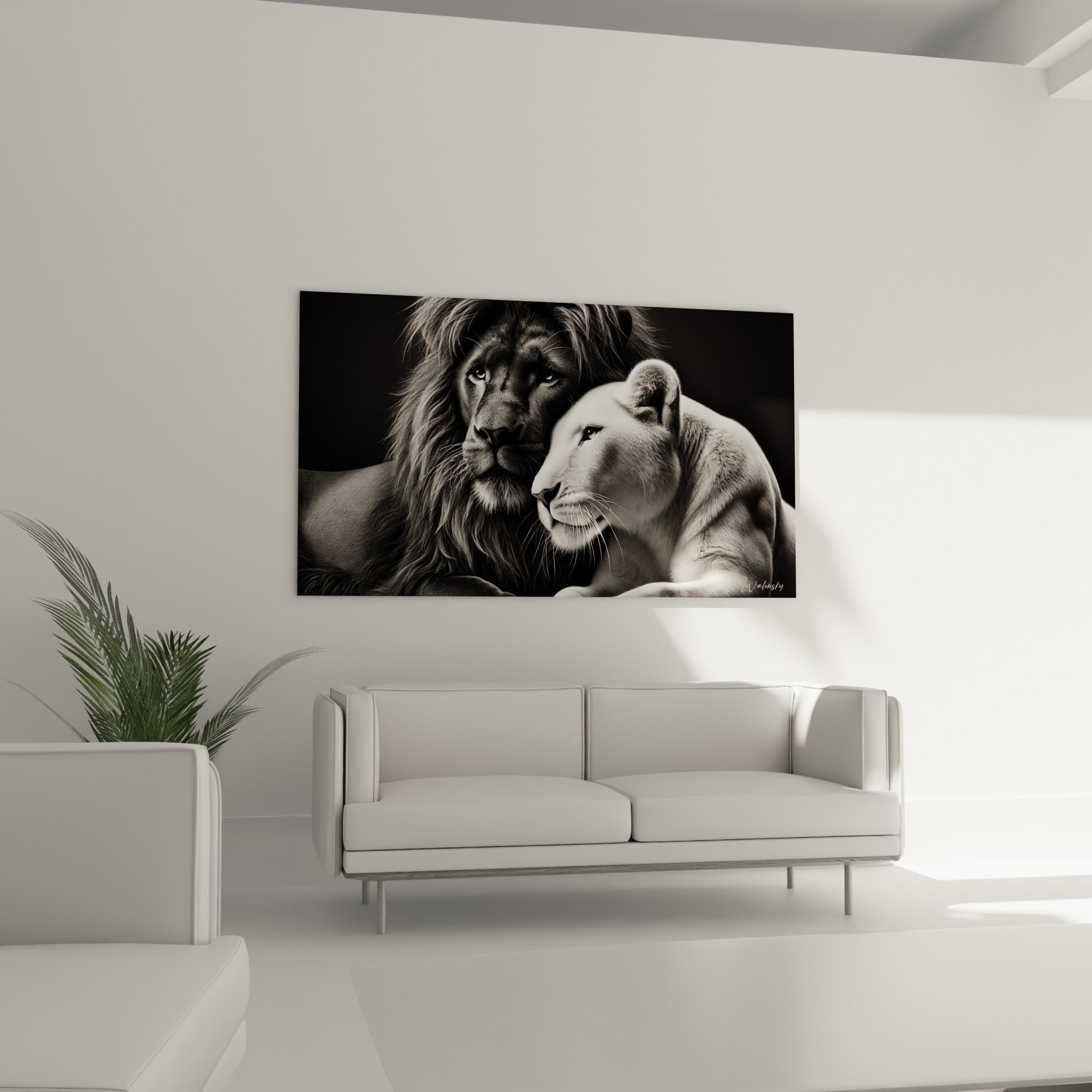 Couple de lions noir et blanc, museau contre museau, au-dessus d'un canapé dans un salon lumineux