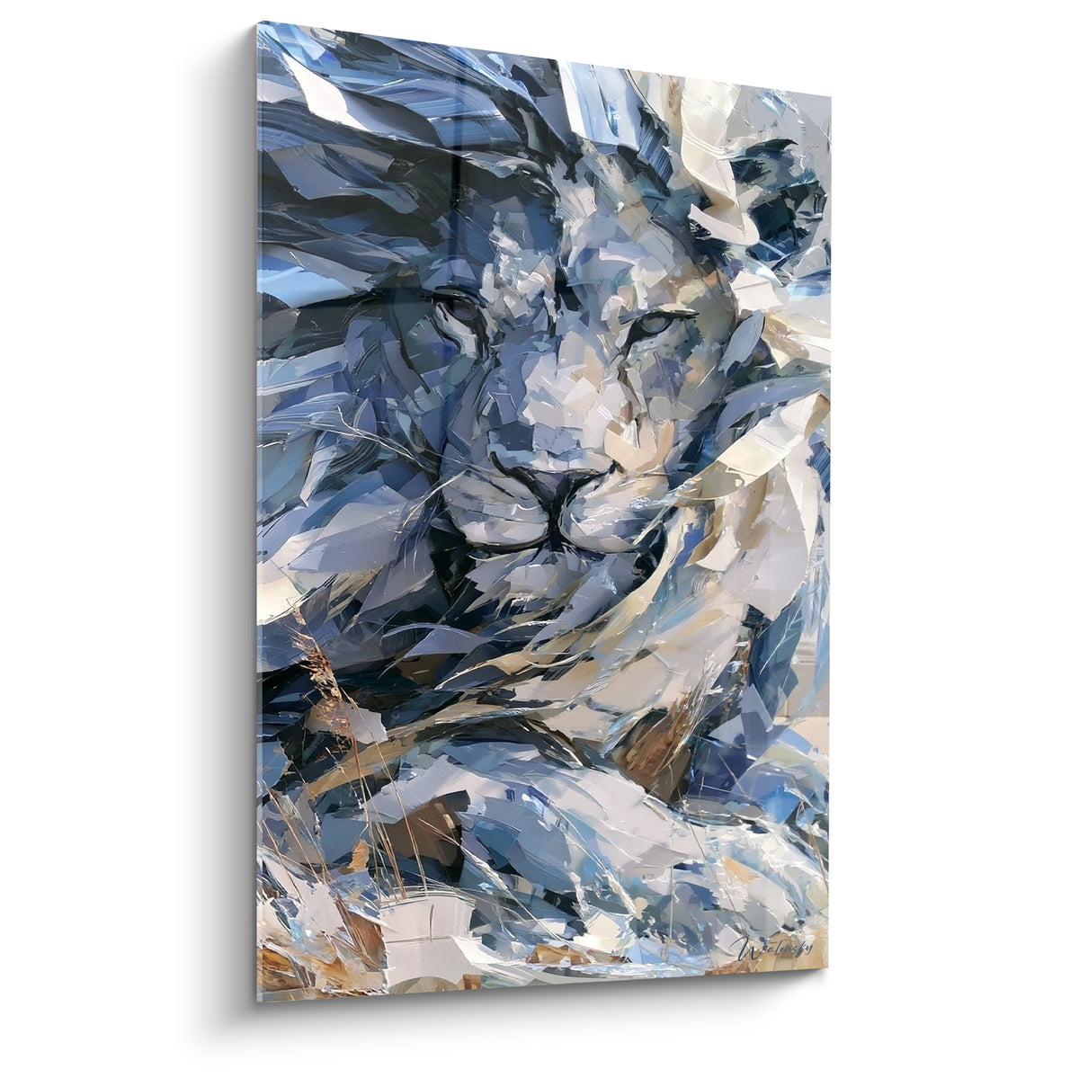 Lion bleu marine et blanc au regard perçant, crinière fragmentée en facettes géométriques