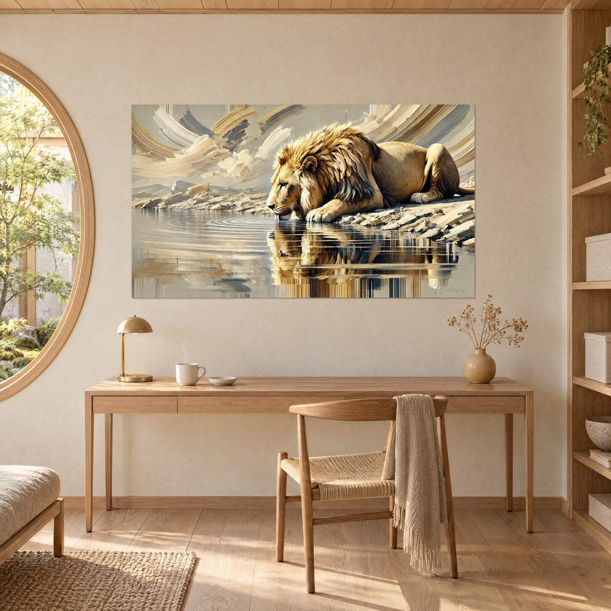 Tableau lion couché buvant sur la berge, pelage sable et crinière fauve, ondulations argentées, accroché au-dessus d'un bureau en chêne clair