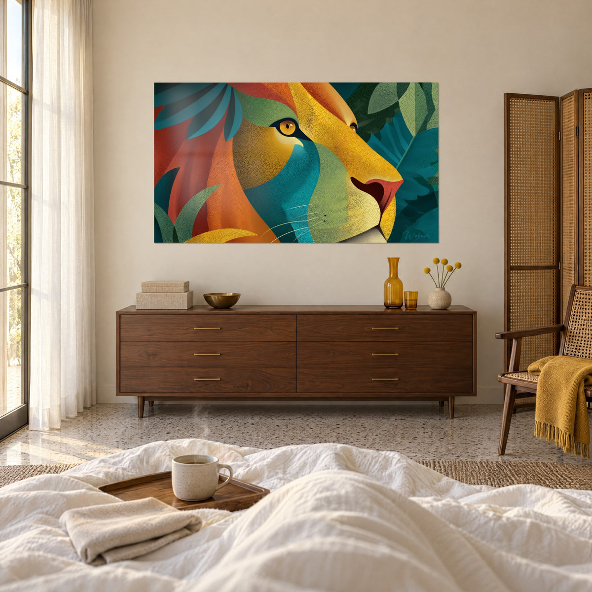 Schilderij van een geometrische roofkat met roodbruine manen en gele snuit, gouden oog, verfrommeld wit plaid, boven een bed in een lichte slaapkamer