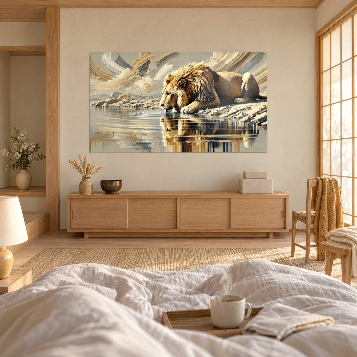 Tableau grand fauve penché sur l'eau, crinière blond doré et ombres grises, reflet vertical, au-dessus d'un lit dans une chambre claire
