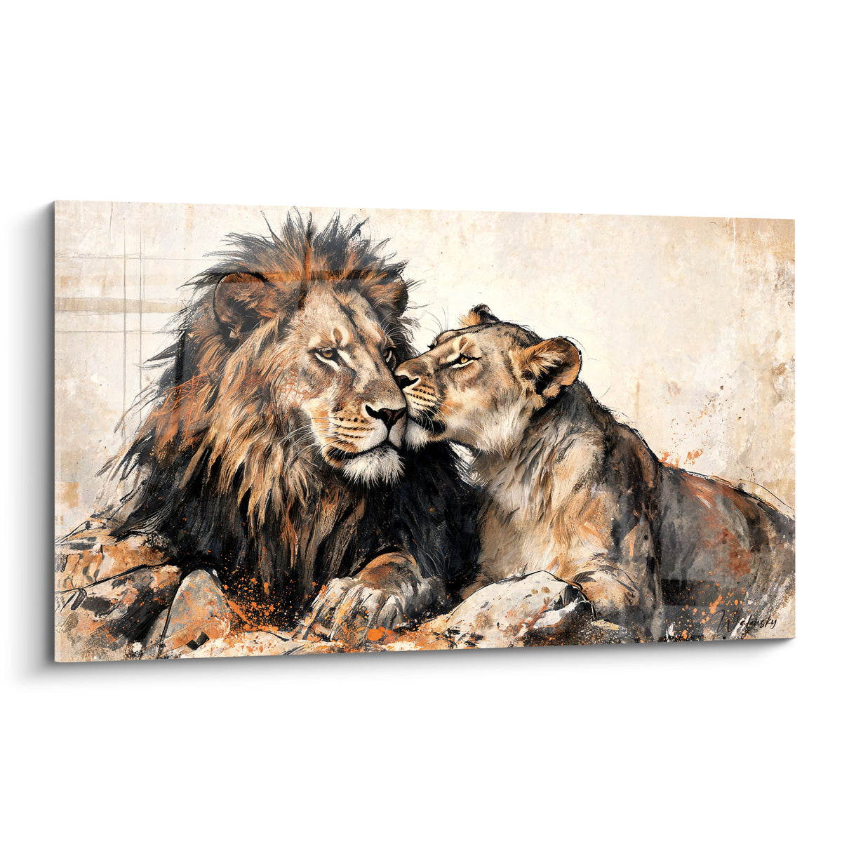 Lion et lionne museaux joints, crinière ocre et anthracite, style peint rétro