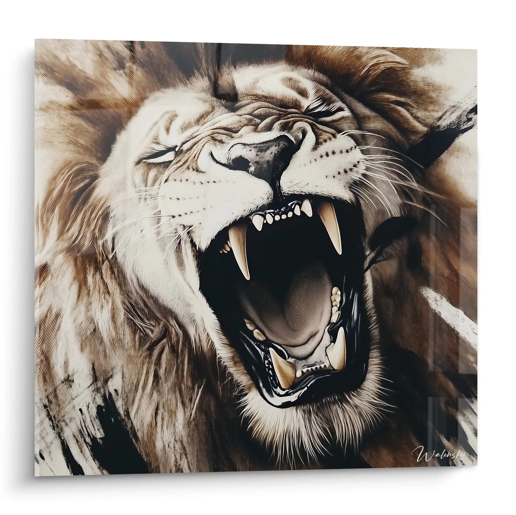 Tableau lion rugissant de Walensky avec détails réalistes en tons marron et beige