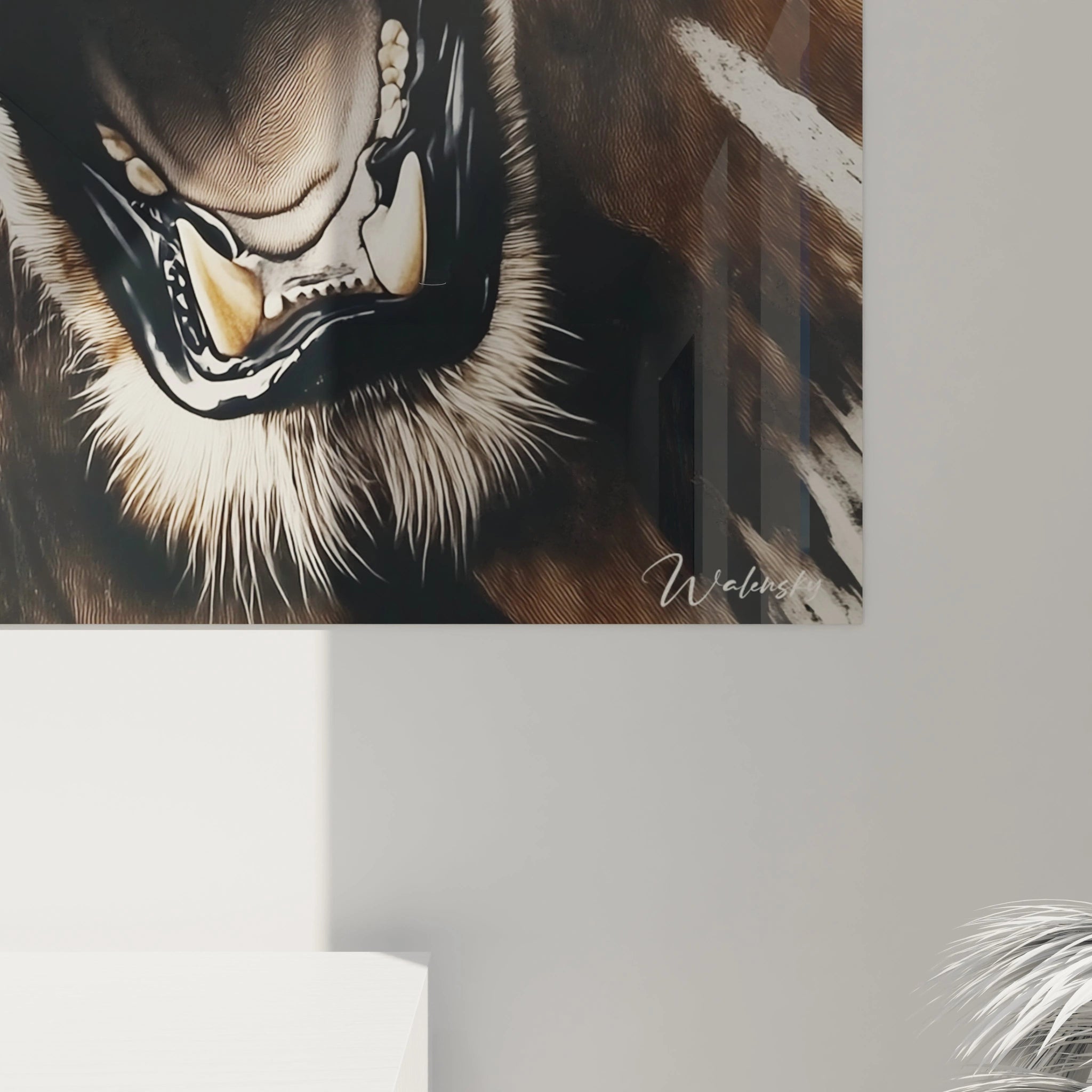 Tableau lion Walensky illustration artistique vue rapprochée sur fond marron et beige