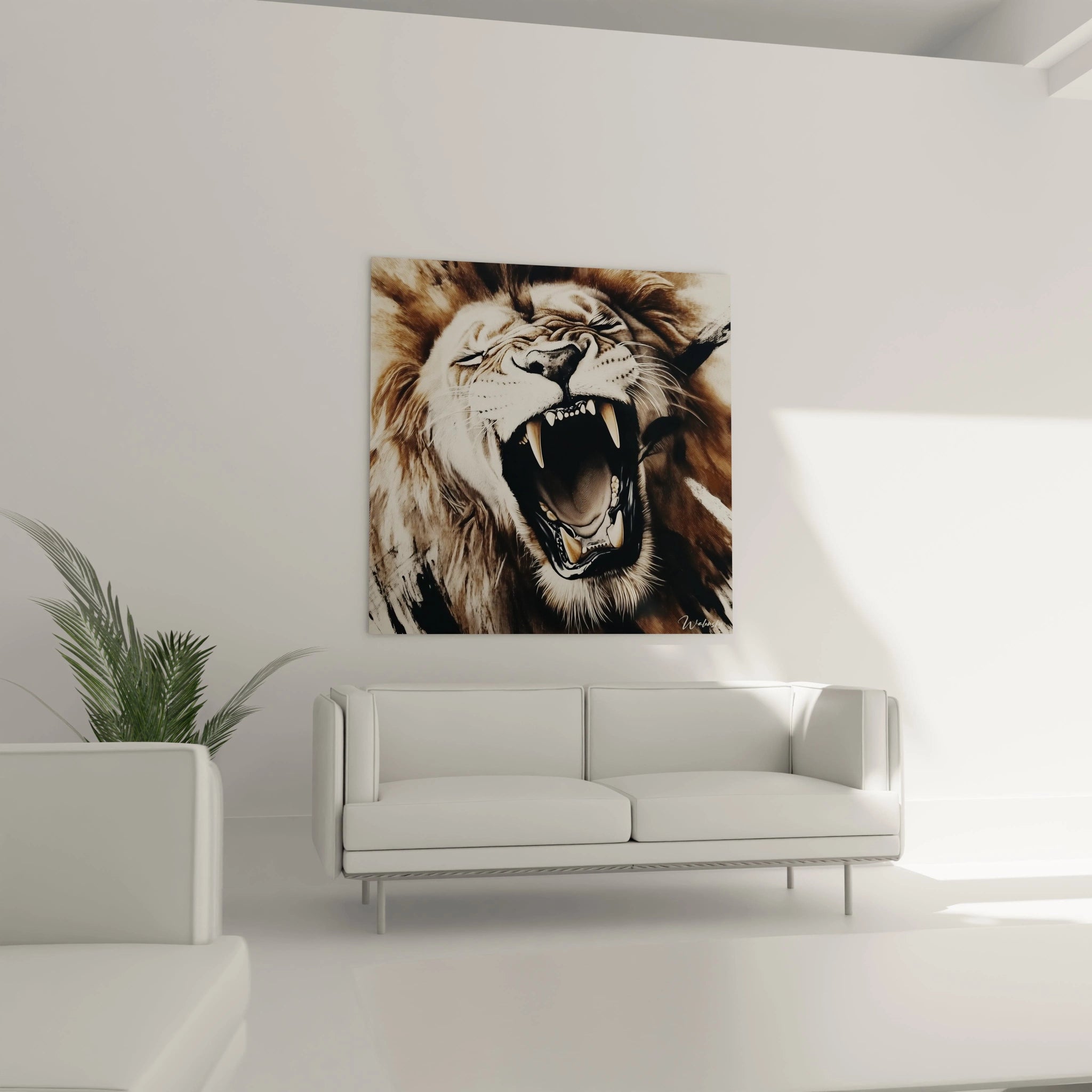 Tableau lion rugissant de Walensky accroché au mur dans un salon moderne avec canapé blanc