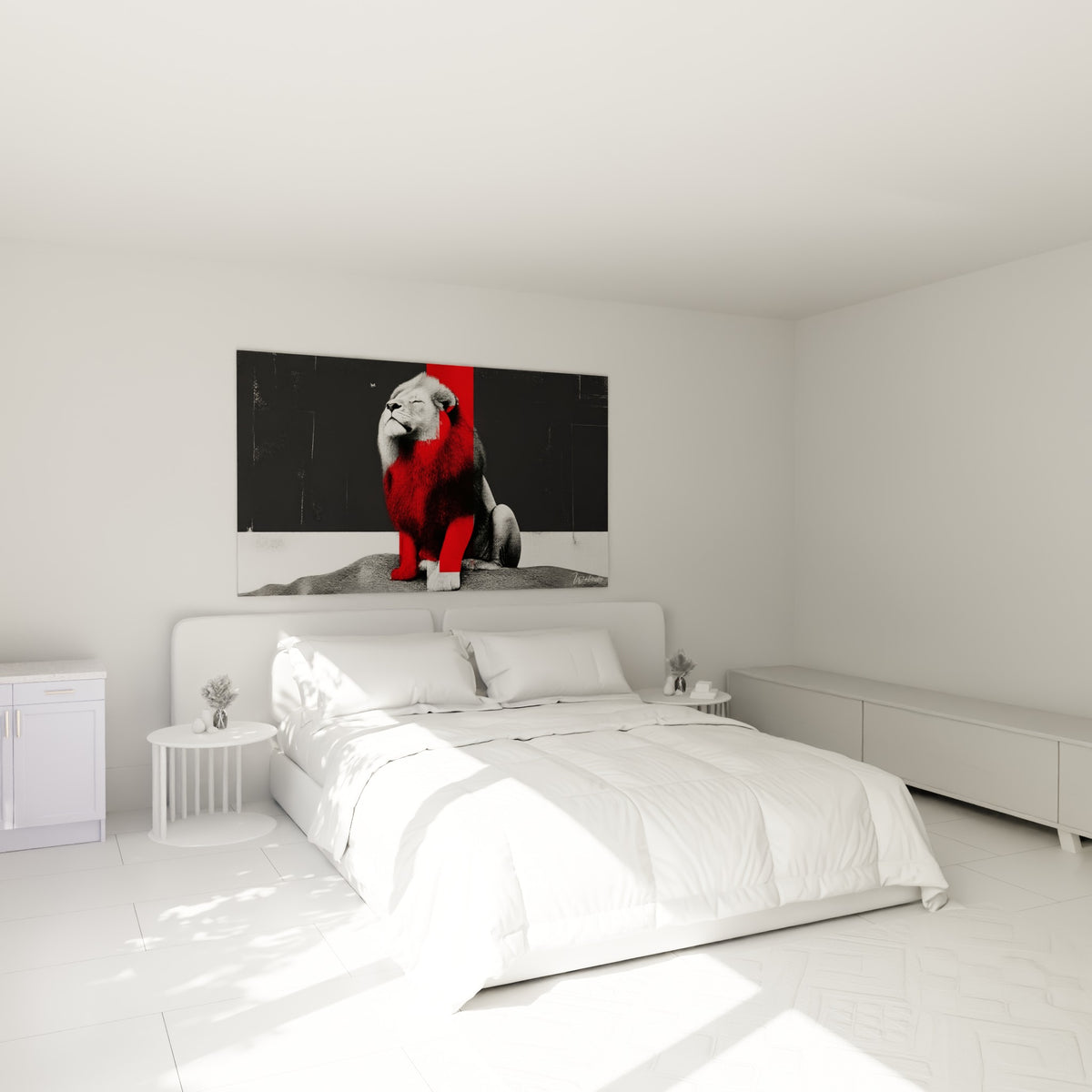Fauve contemplatif en noir et rouge accroché au-dessus d'un lit dans une chambre claire