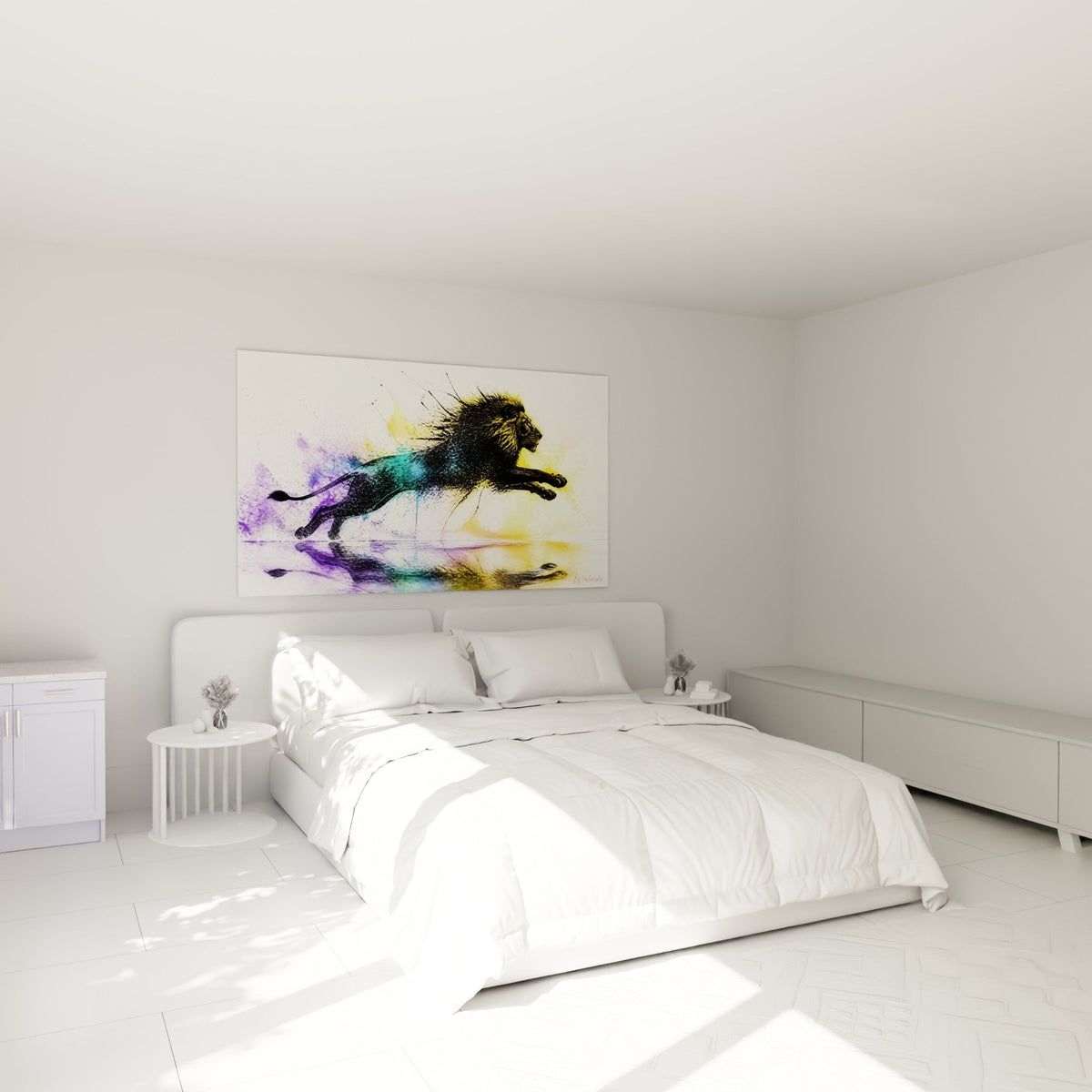 Fauve en plein saut coloré de doré et violet, accroché au-dessus d'un lit dans une chambre claire