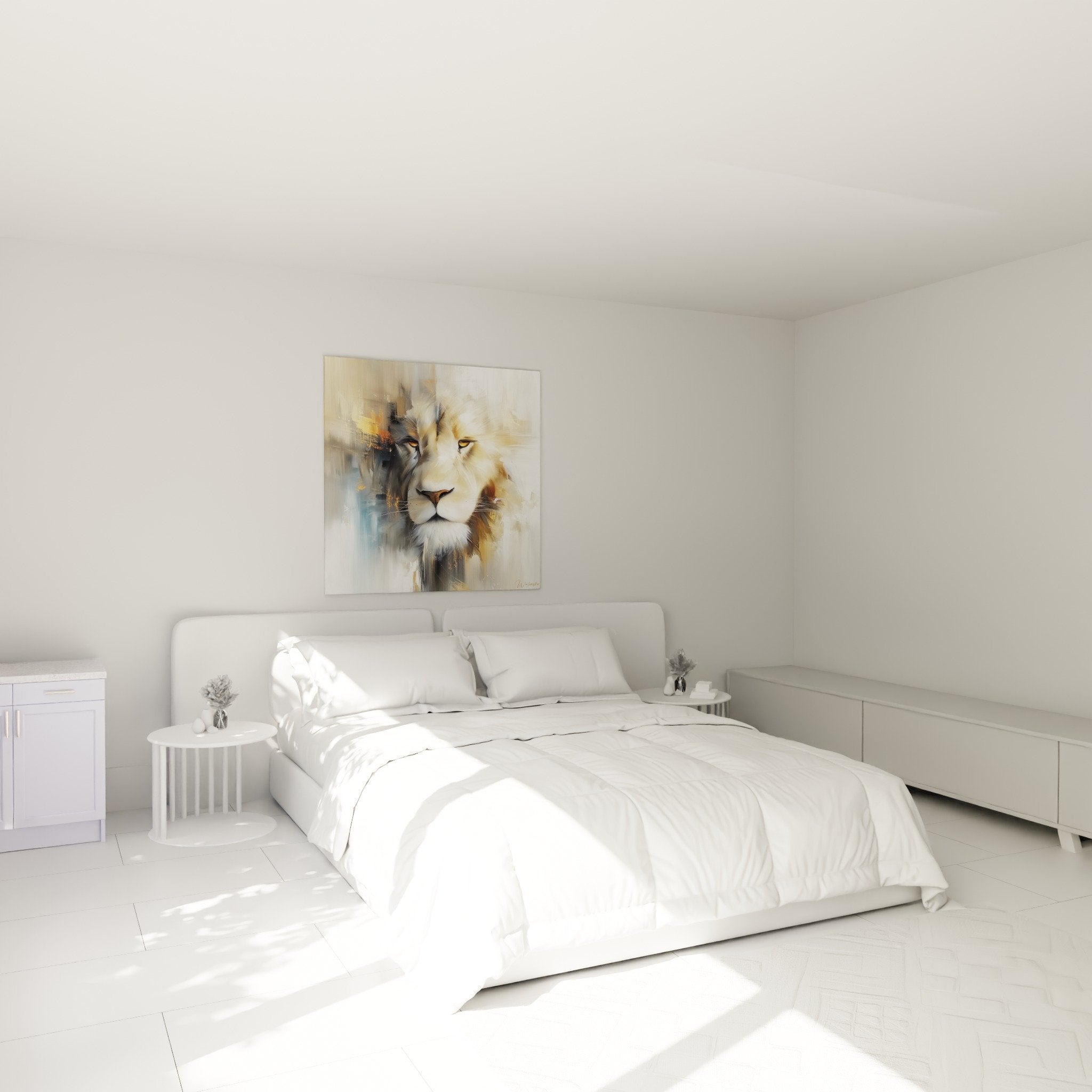 Tableau lion dore et bleu dans chambre moderne decoration murale art contemporain ambiance majestueuse