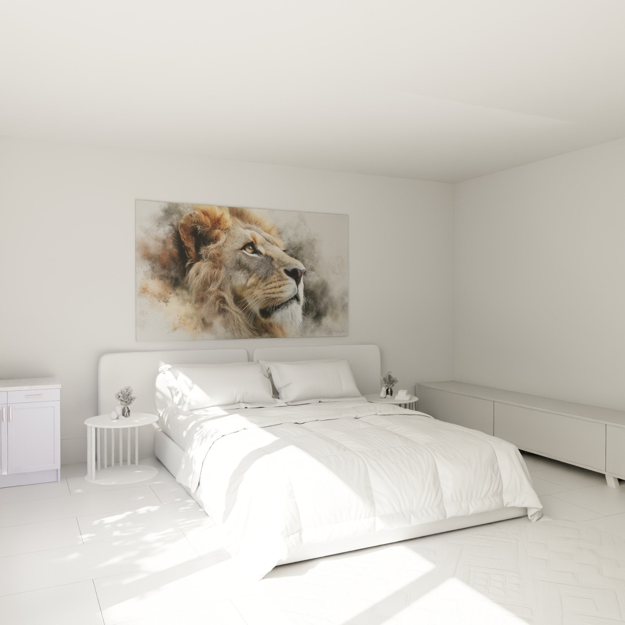 golden lion watercolor painting bedroom white wall decor noble mane majestic warm ambiance