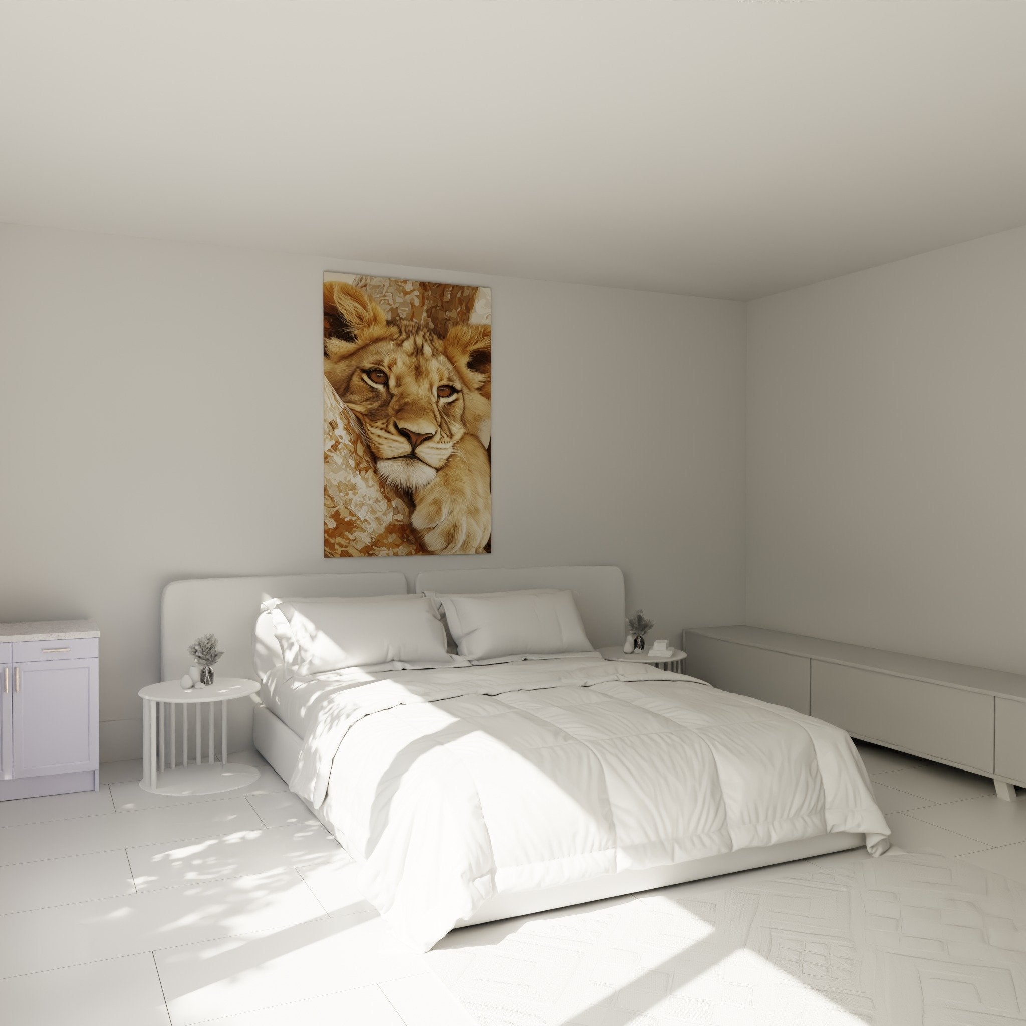 Golden lion wall art in bedroom elegant mural decoration warm tones