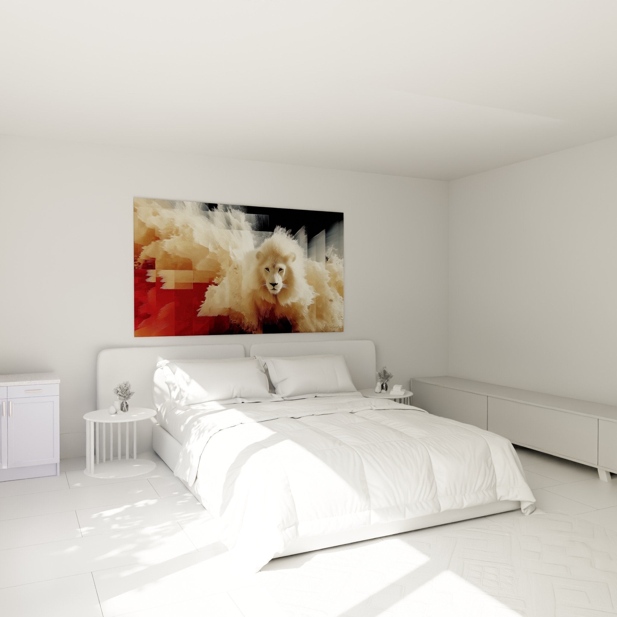 Goldenes rotes Löwe-Gemälde im modernen Schlafzimmer, warme Wanddekoration Savannenstimmung