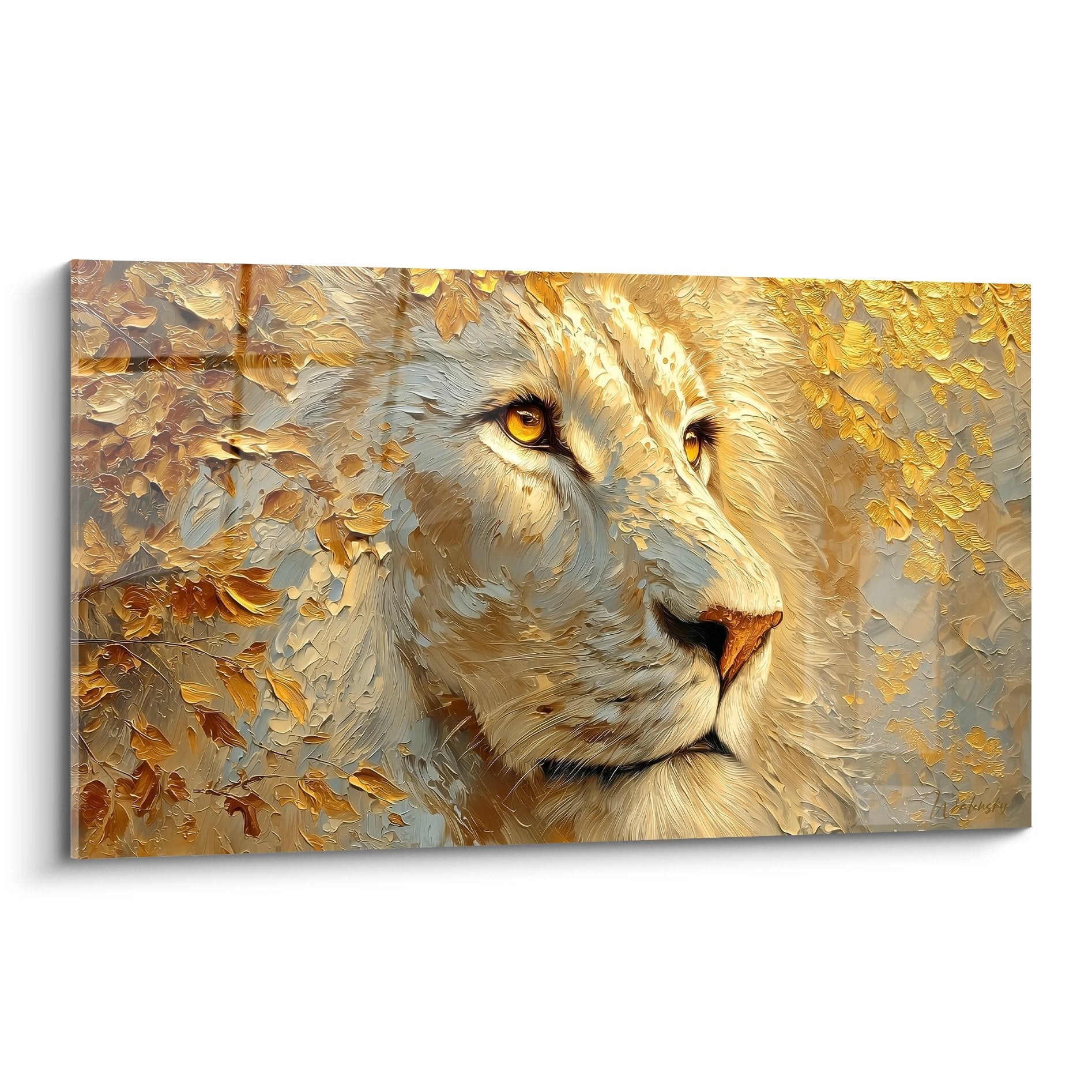 Quadro leone dorato con occhi ambra nella vegetazione autunnale, ritratto maestoso toni ocra e rame