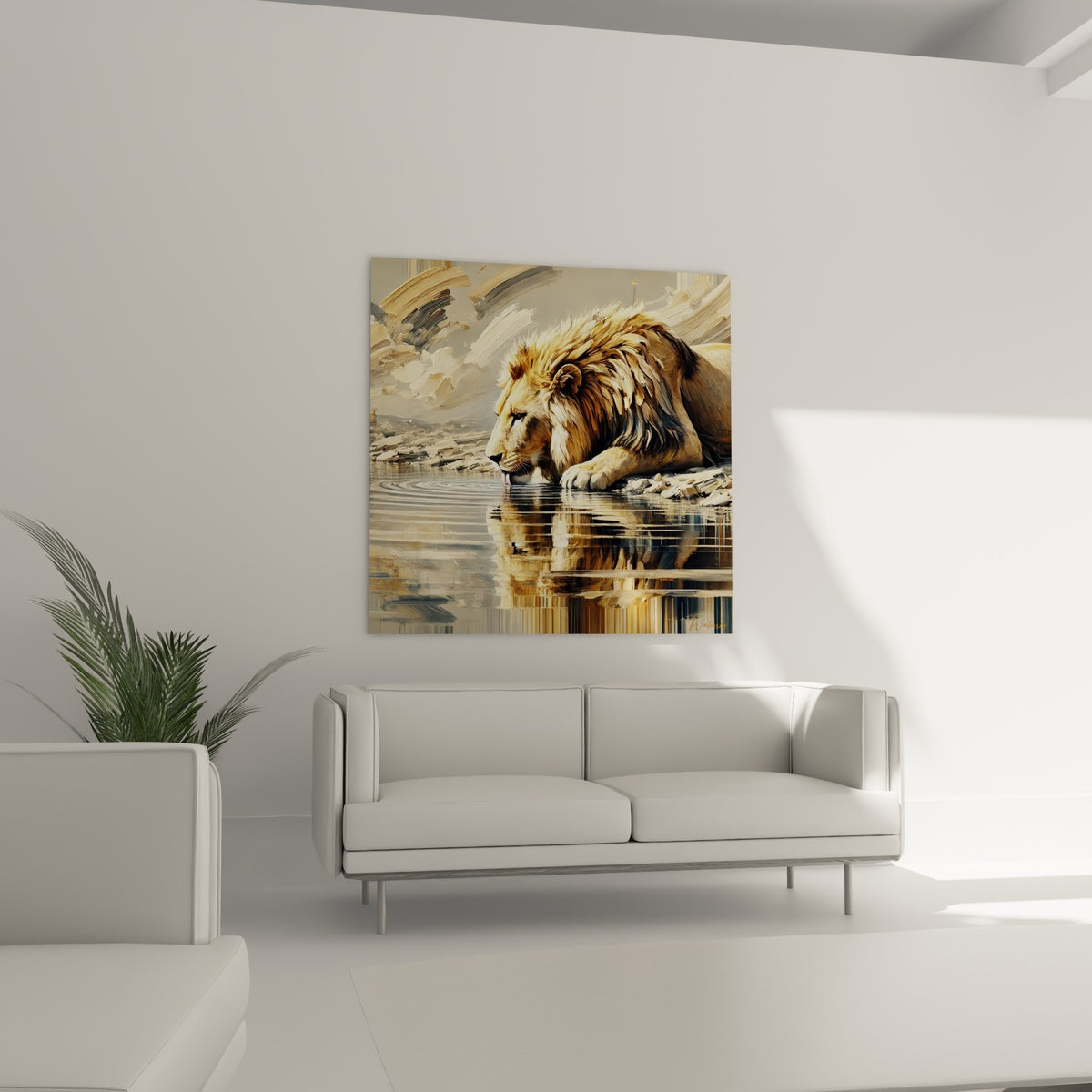 Lion buvant dans une eau miroitante beige et bleutée, au-dessus d'un canapé dans un salon lumineux