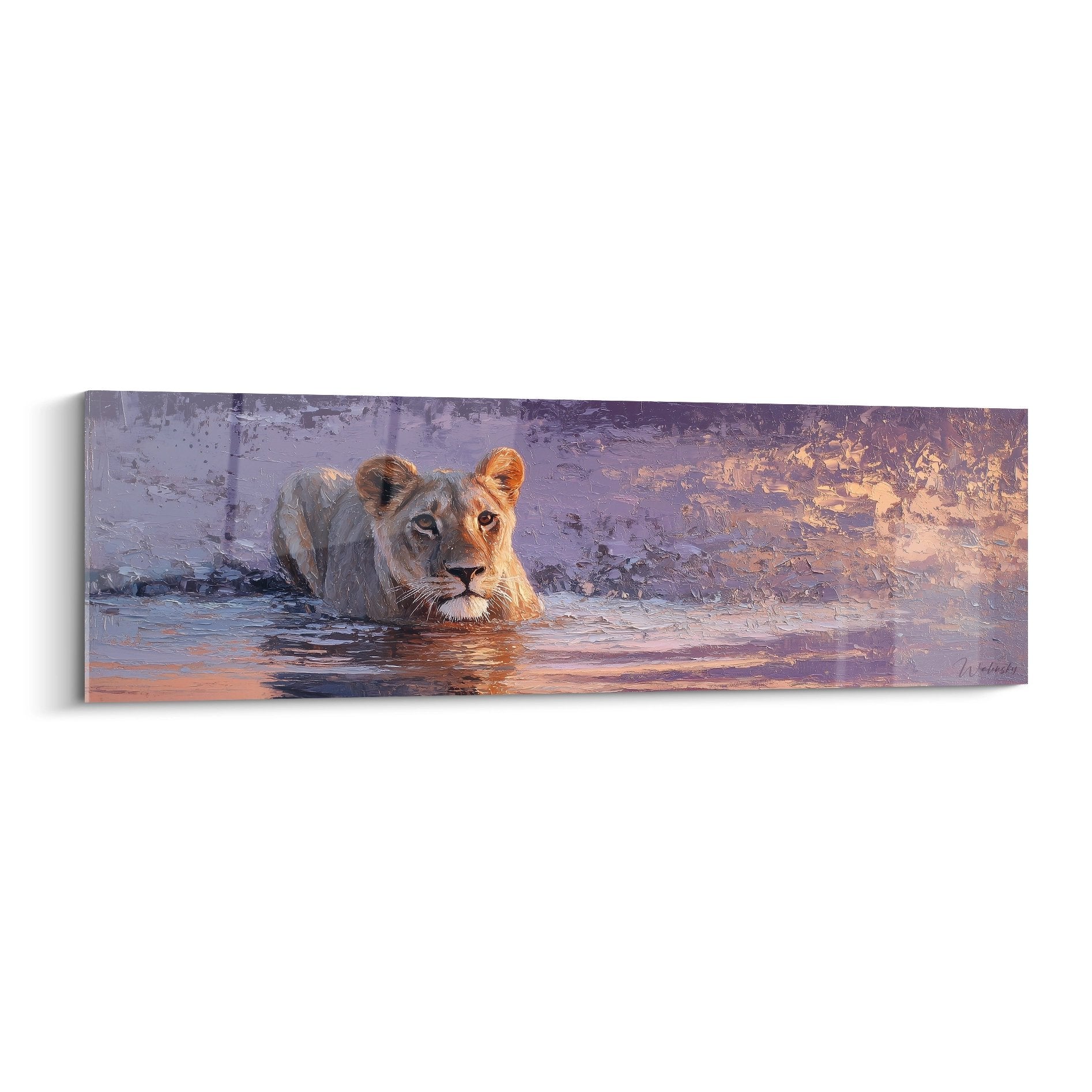Tableau lion majestueux dans l'eau aux reflets dorés et violets, art mural contemplative edition lion