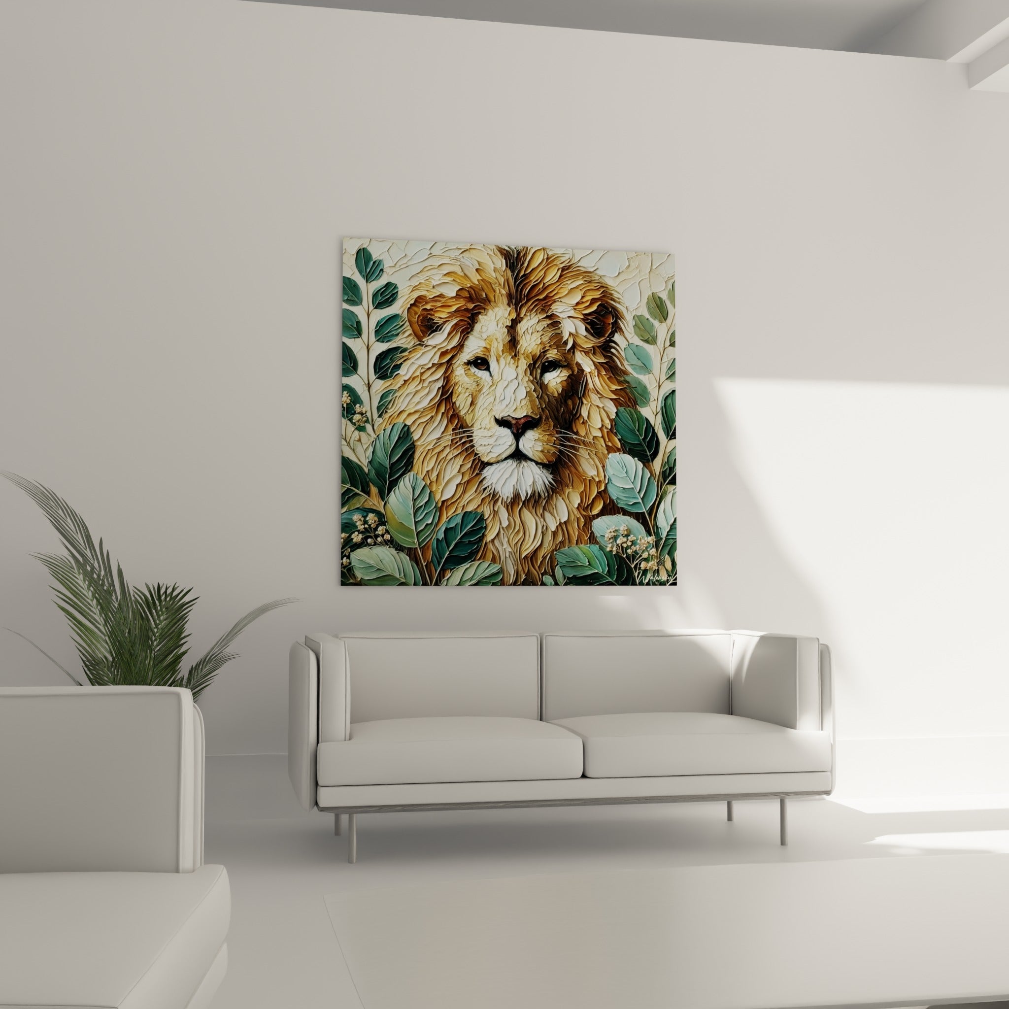 Crinière fauve du lion nichée dans un feuillage vert sauge, accrochée au-dessus d'un canapé dans un salon lumineux
