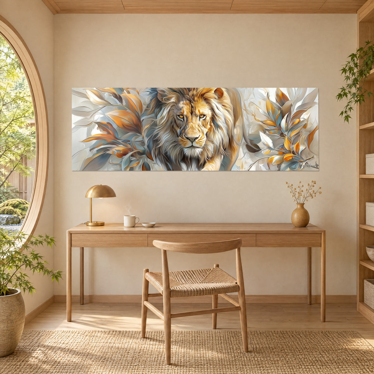 Schilderij van een kat met blonde manen, amberkleurige en blauwgrijze bladeren in geschilderd reliëf, opgehangen boven een bureau van licht hout