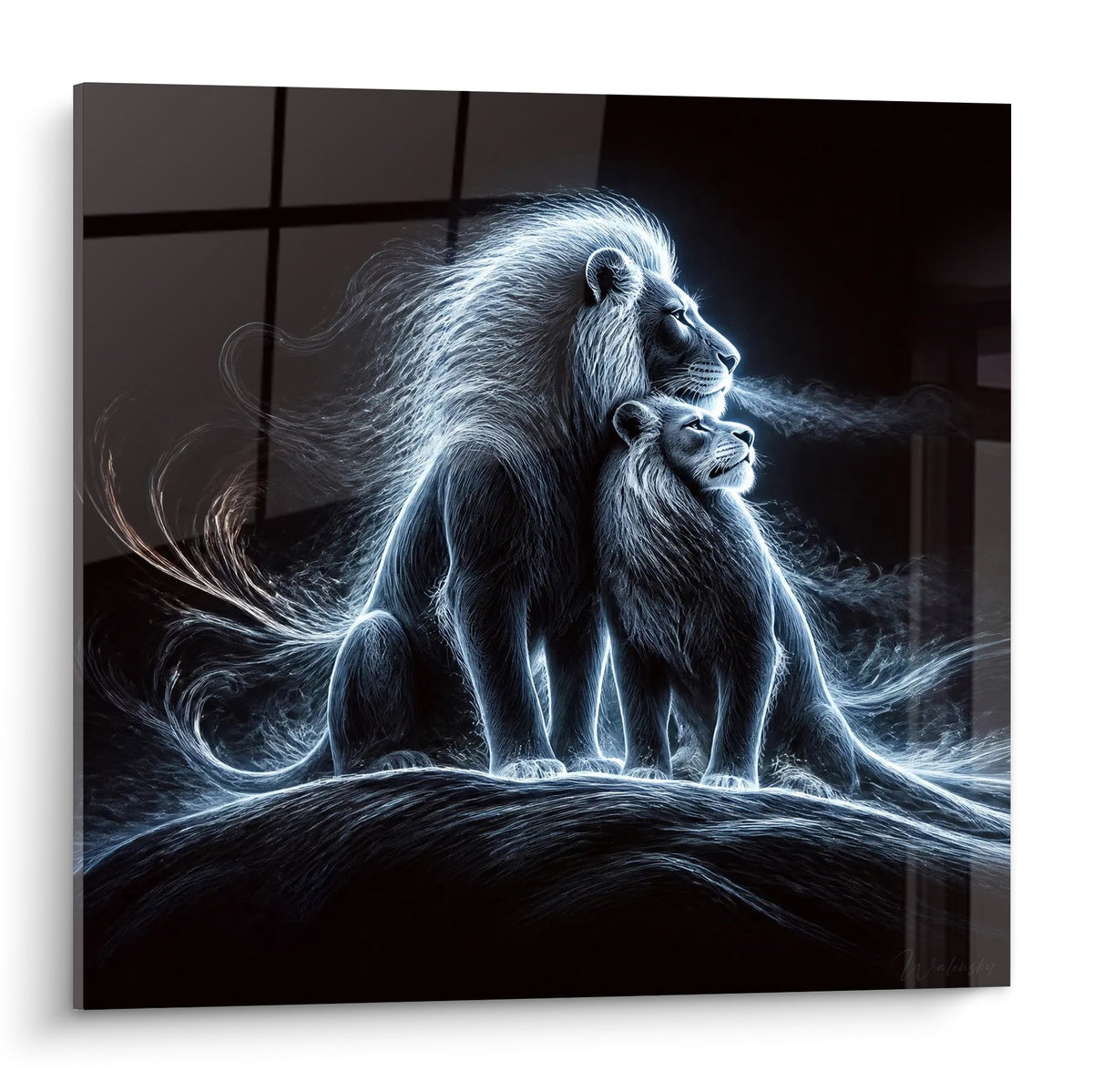 Lion et lionceau enlacés, crinière blanche filandreuse sur fond noir anthracite profond