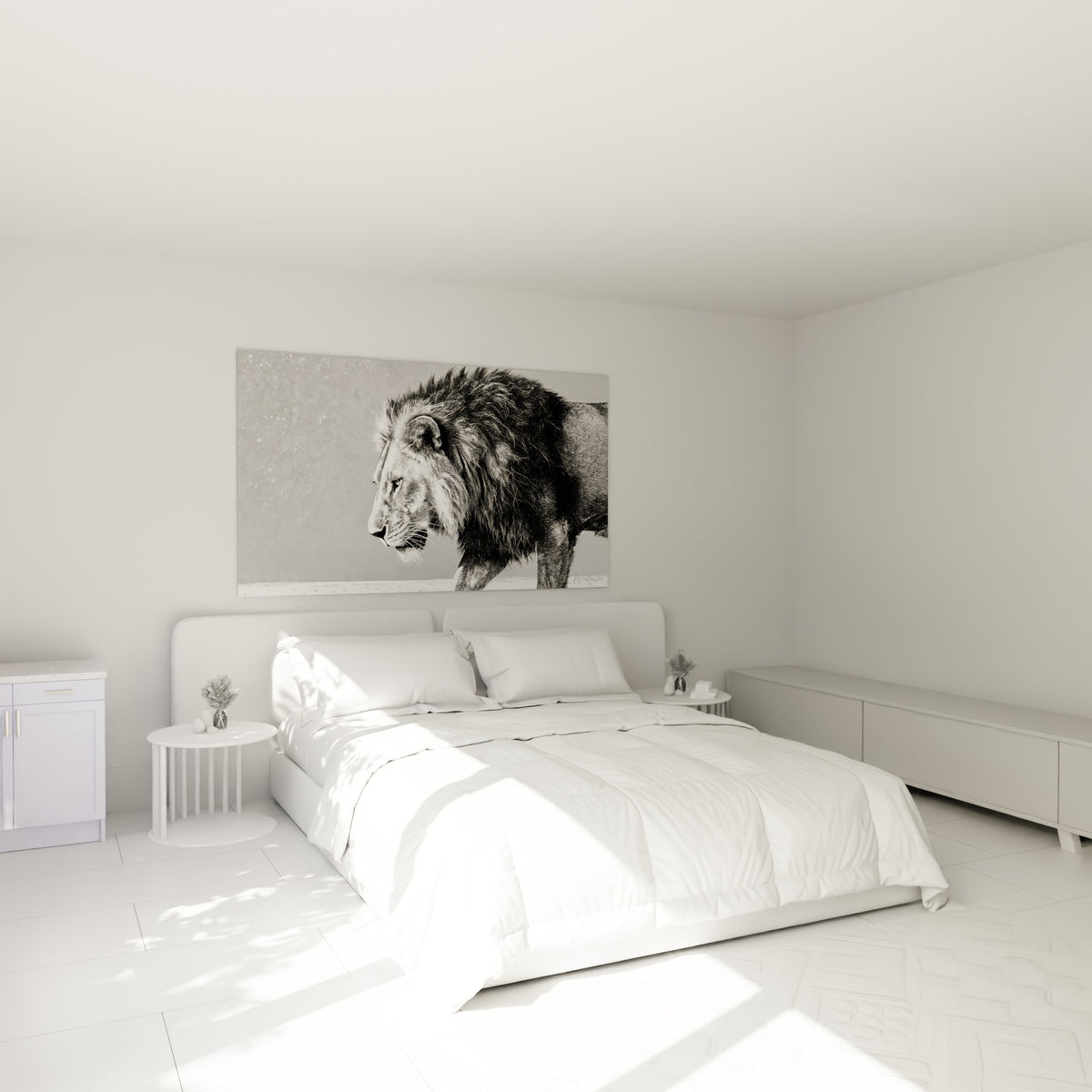 Fauve au regard perçant, tons gris et noir, accroché au-dessus d'un lit dans une chambre claire