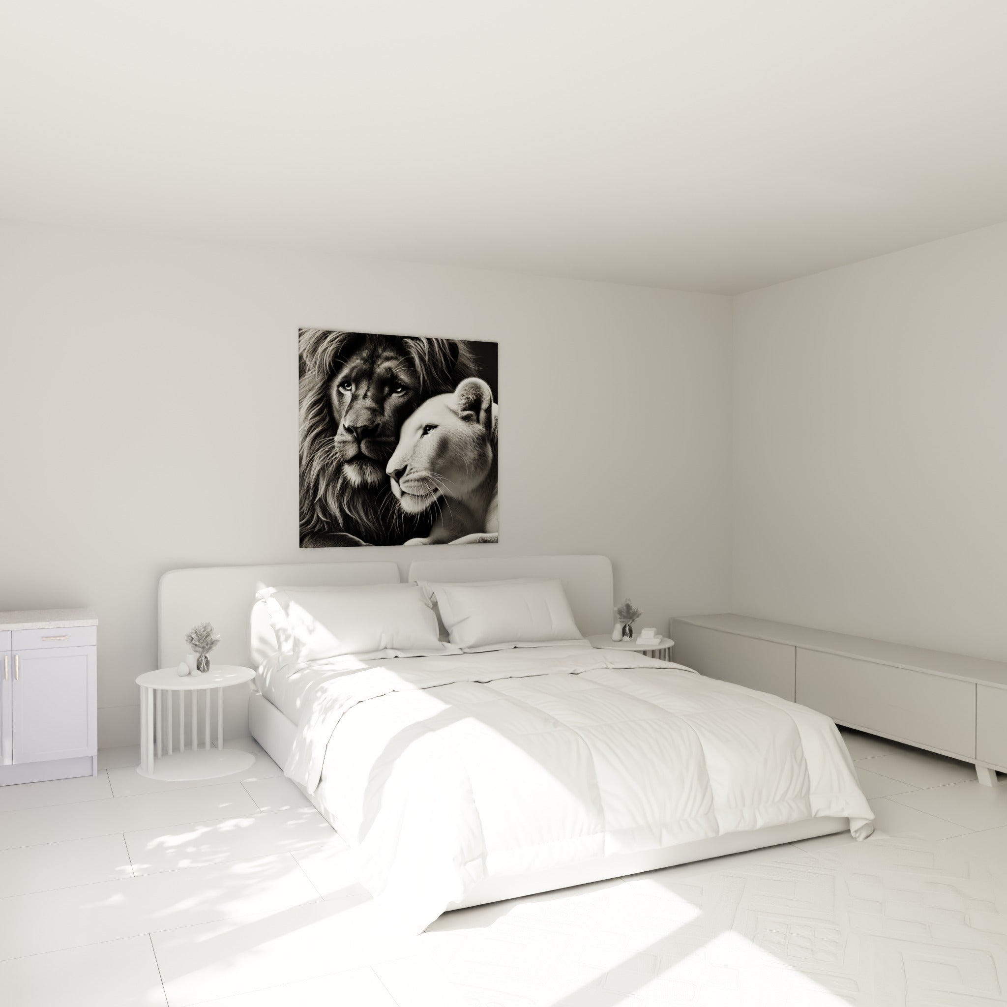 Fauve mâle et lionne blanche rapprochés, contraste anthracite et ivoire, au-dessus d'un lit dans une chambre claire