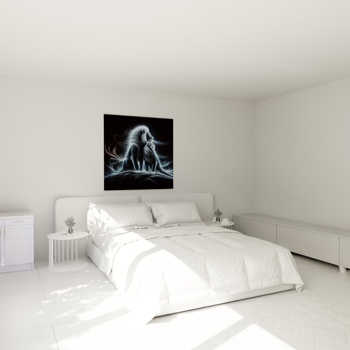 Deux lions en fils de lumière blanche et bleutée, accrochés au-dessus d'un lit dans une chambre claire