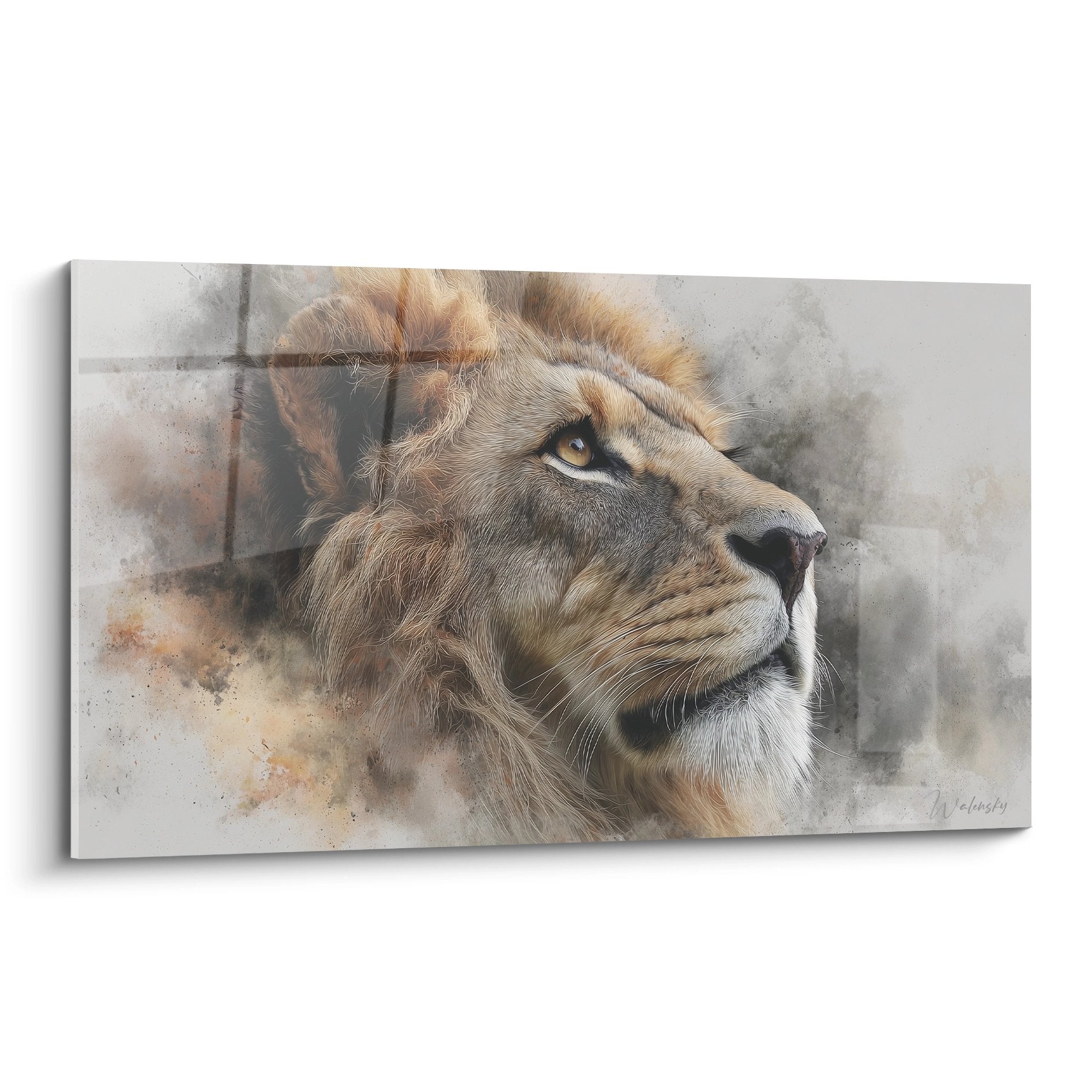 majestic lion profile watercolor painting golden tones noble mane intense gaze wall art decor