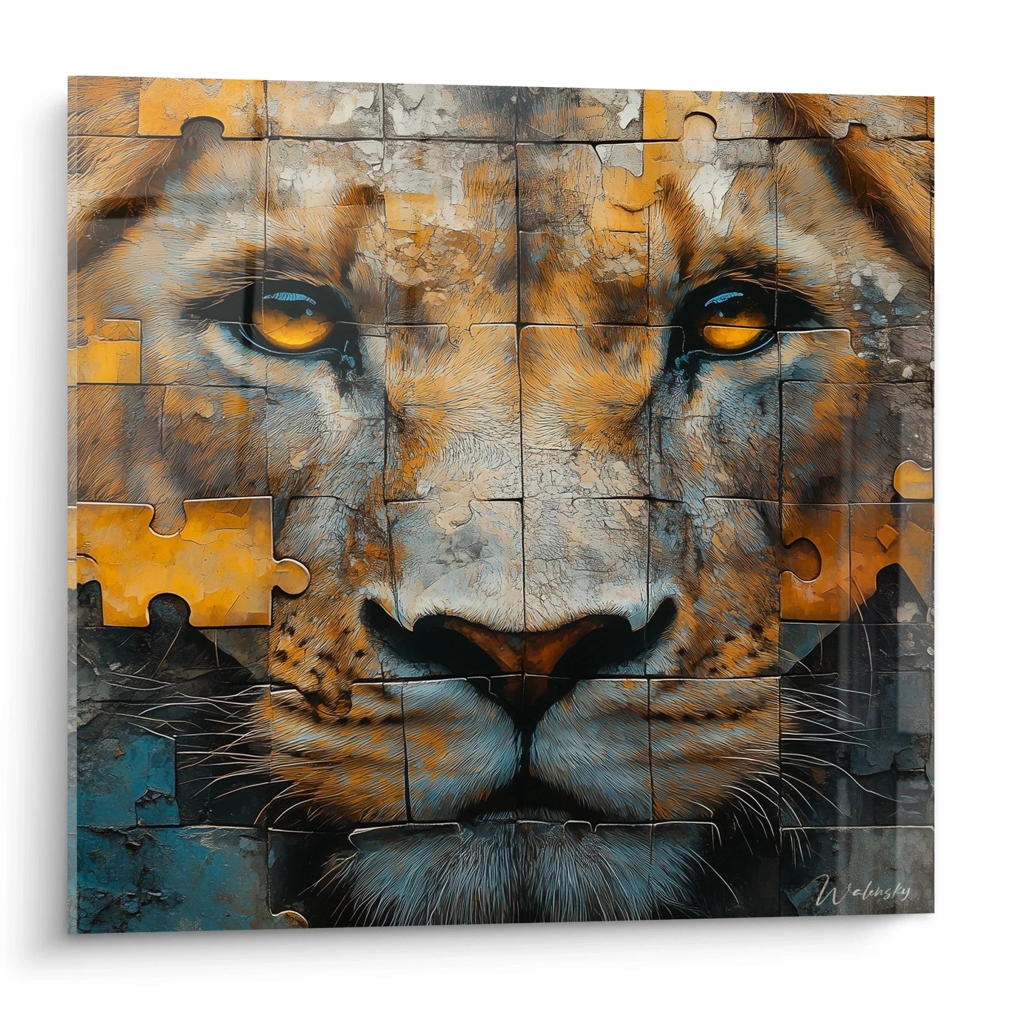 Tableau lion artistique de Walensky avec effet puzzle et nuances orangées et grises