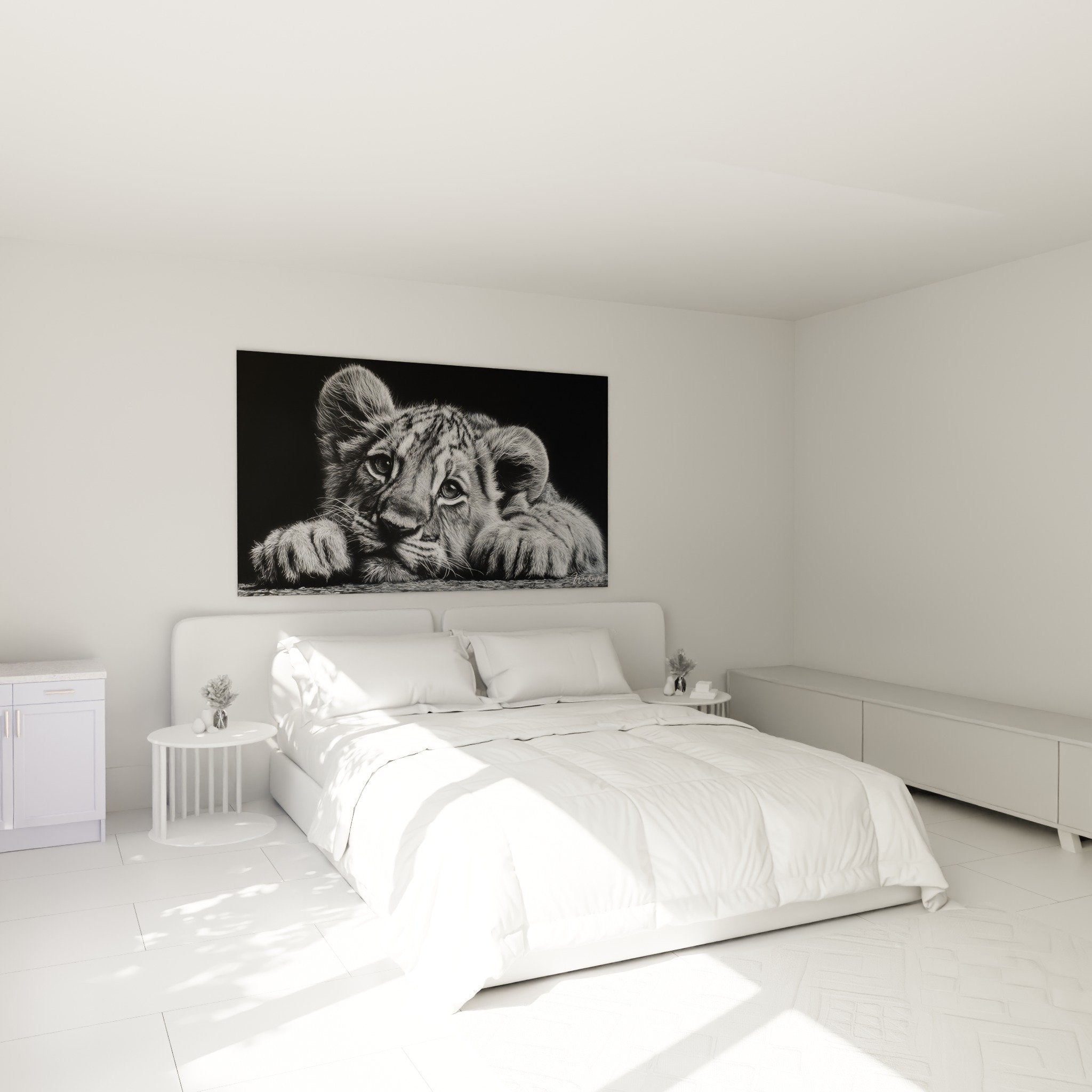 monochrome lion wall art bedroom decoration headboard calm atmosphere