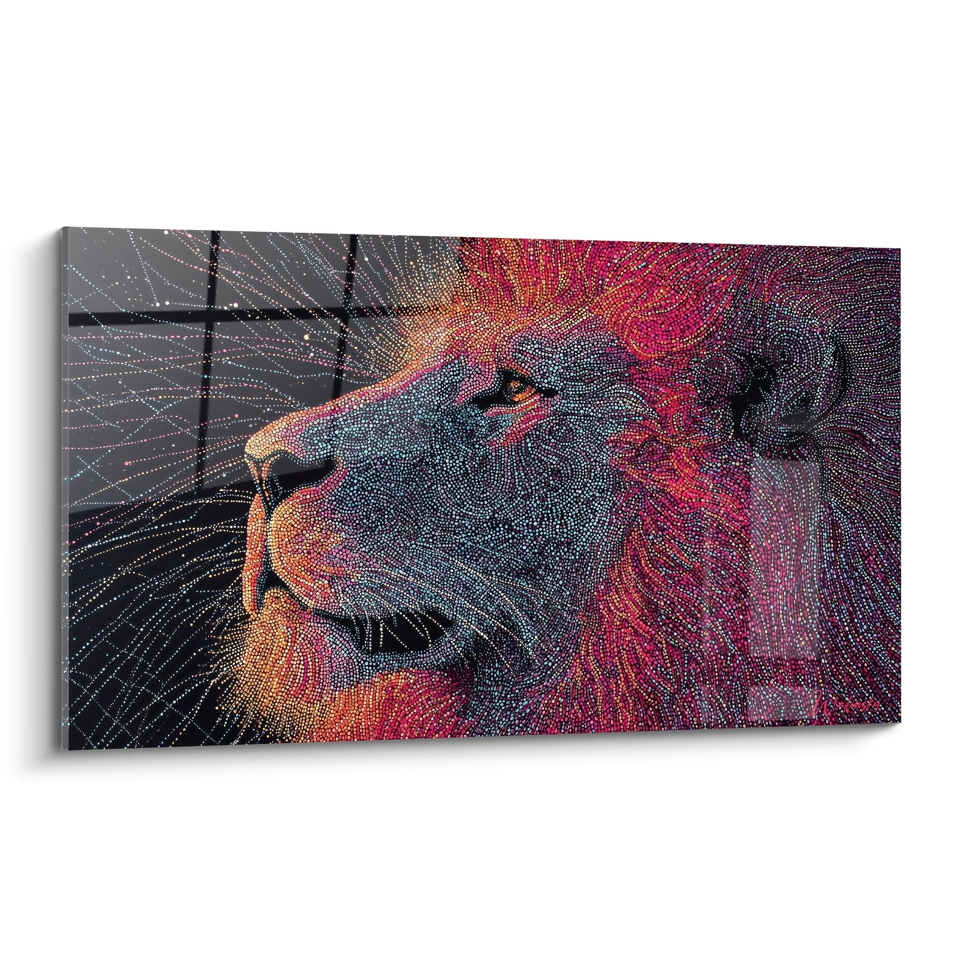 Löwe Mosaik Gemälde mehrfarbig orange violette Punkte Pointillist-Technik zeitgenössische Kunst Wanddekoration