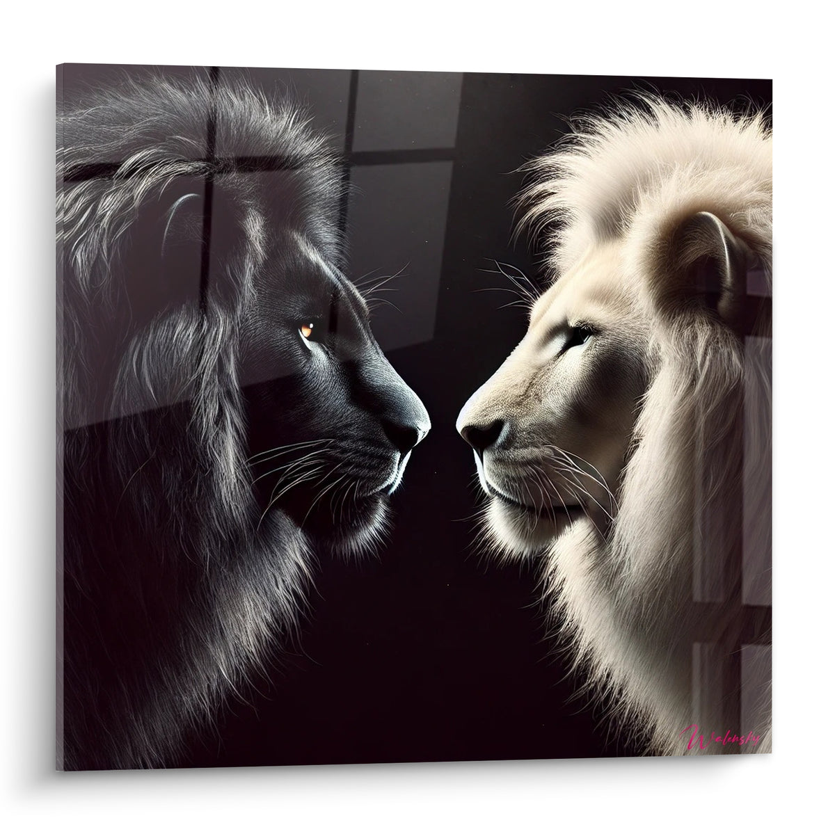 Lions noir charbon et blanc ivoire face à face, crinières détaillées sur fond sombre géométrique