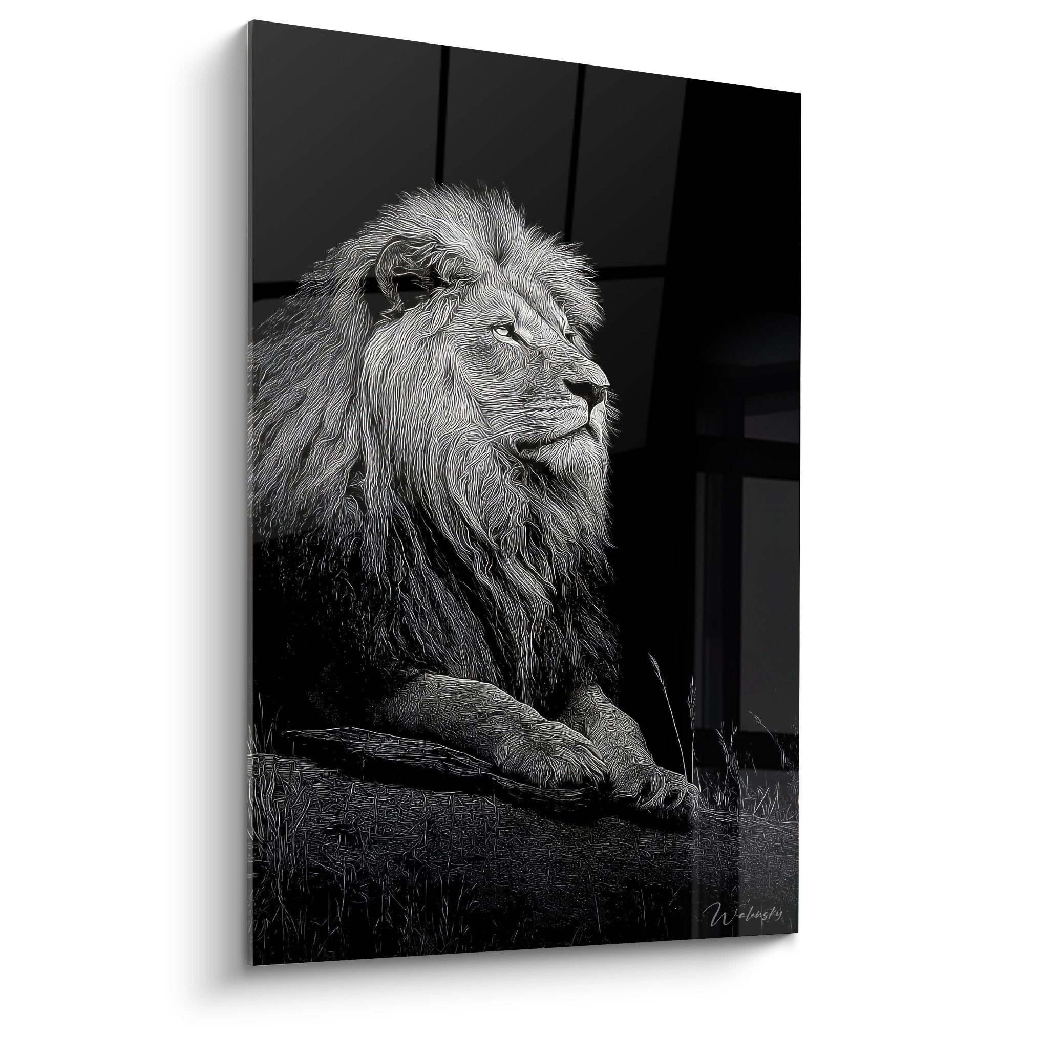Tableau lion noir et blanc portrait majestueux regard percant criniere detaillee decoration murale