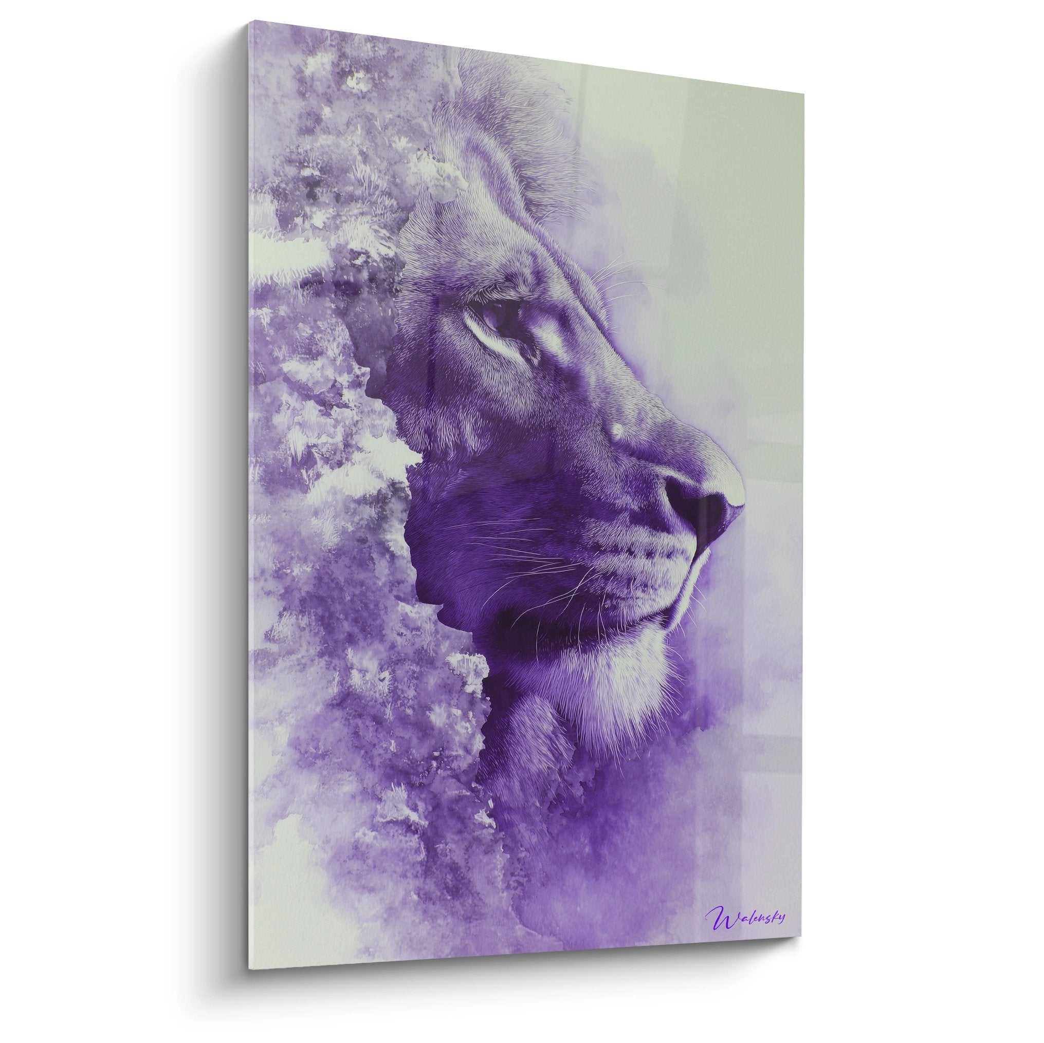 Tableau lion majestueux profil violet aquarelle regard perçant art mural moderne