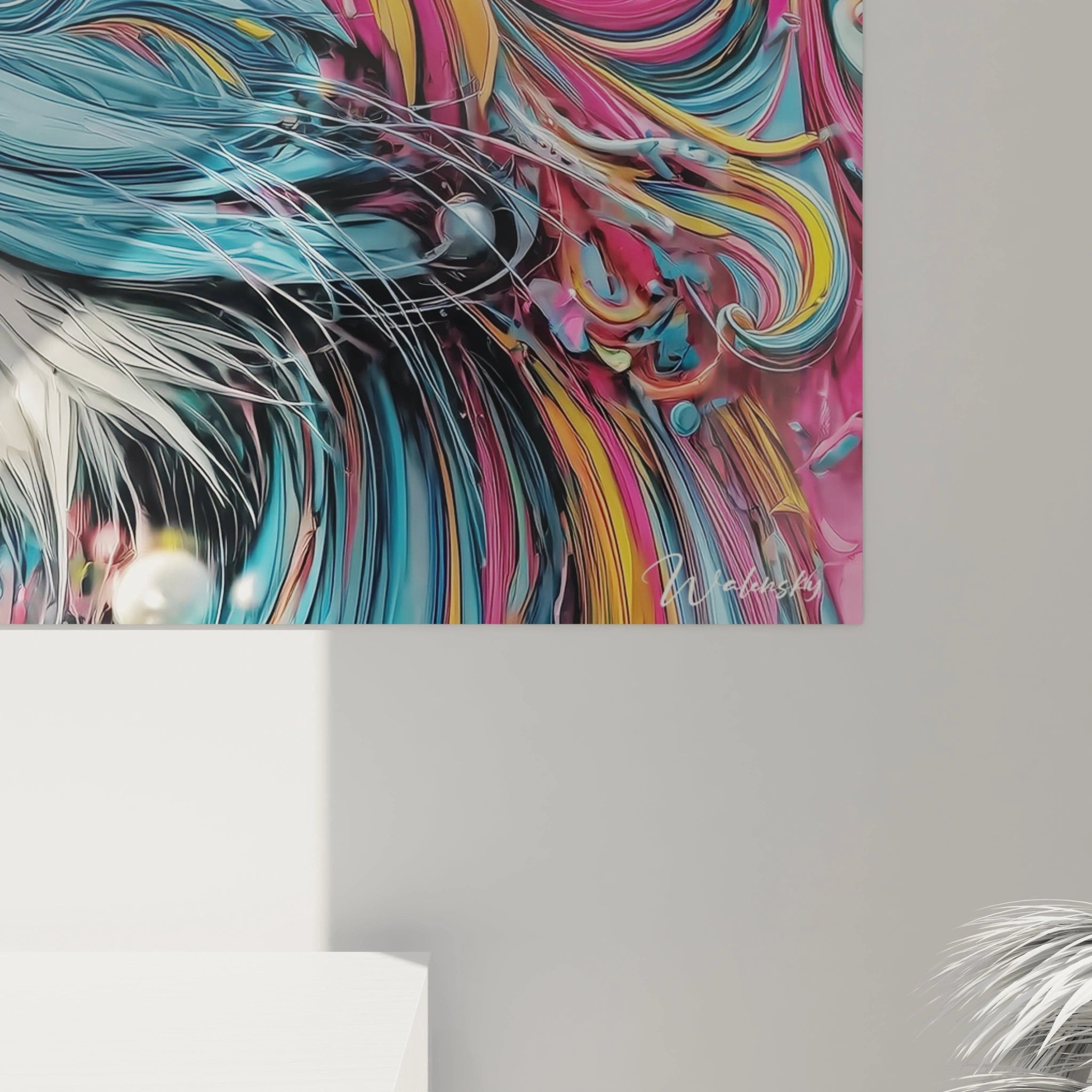 Vue ensemble tableau mural lion multicolore art contemporain décoration intérieure moderne
