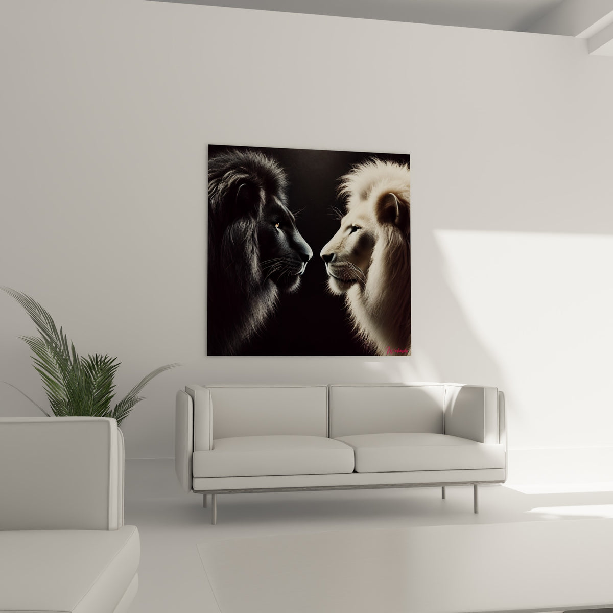 Regards ambré et sombre de deux lions opposés, tableau suspendu au-dessus d'un canapé dans un salon lumineux