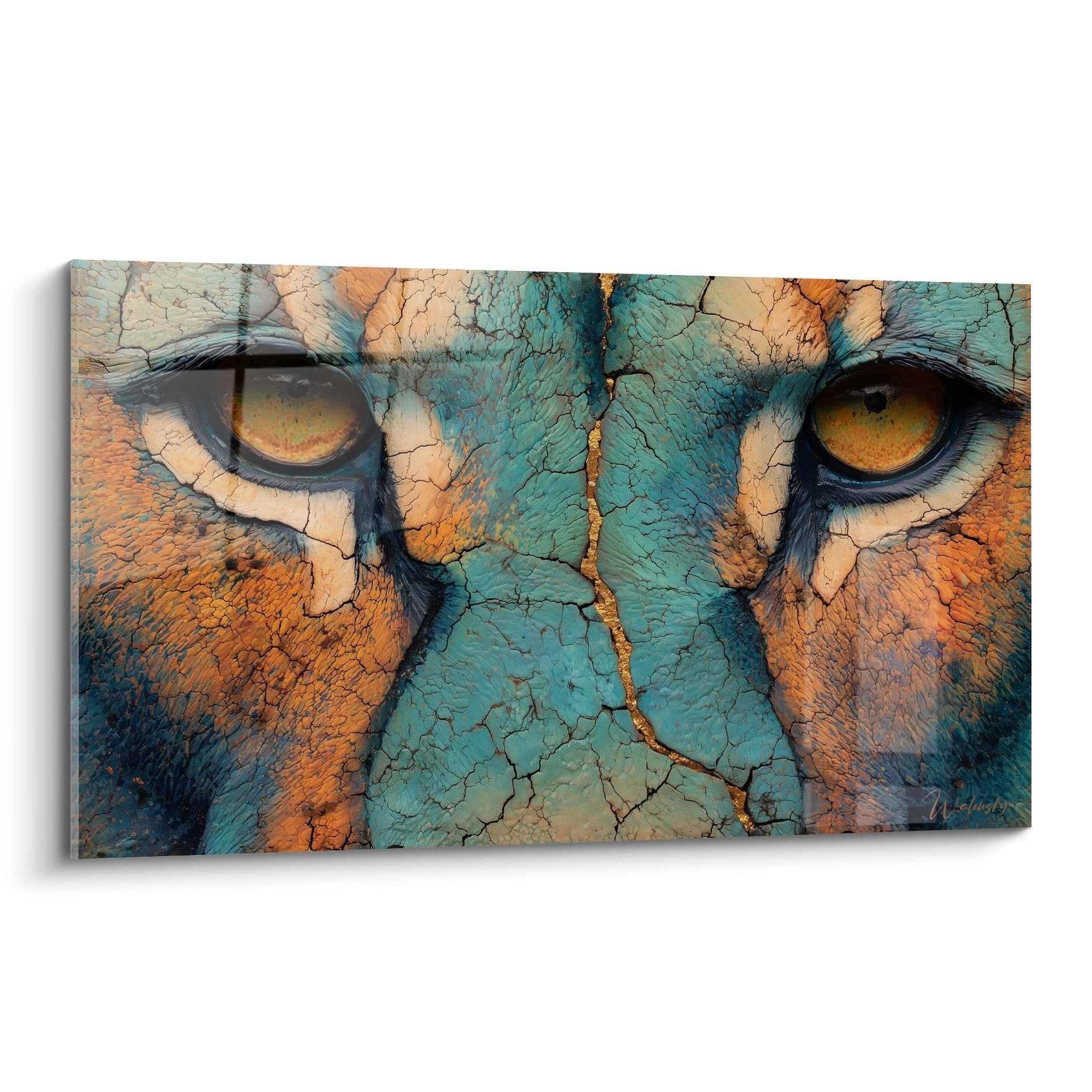 Löwe-Gemälde intensiver Blick goldene Augen Türkis Kupfer Craquelé zeitgenössische Kunst Wanddekoration