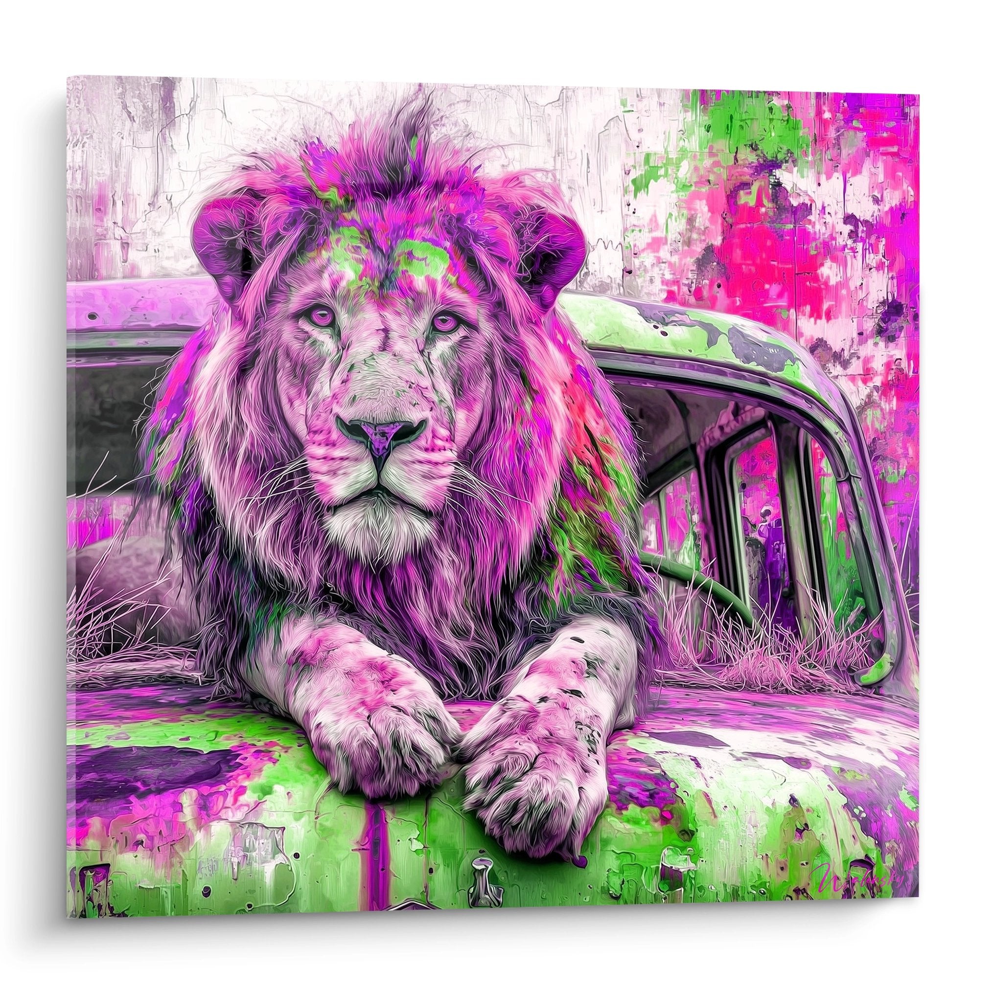 Tableau lion majestueux aux couleurs roses et vertes avec effet street art sur fond blanc