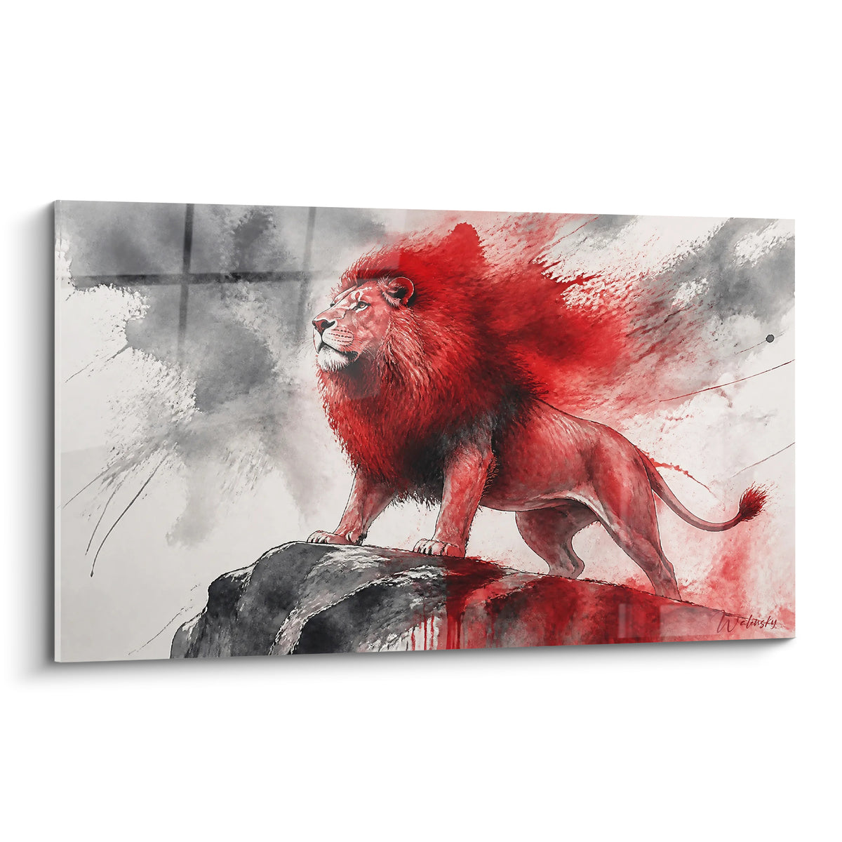 Lion rouge et gris dressé sur un rocher, crinière éclaboussée de rouge intense, style aquarelle