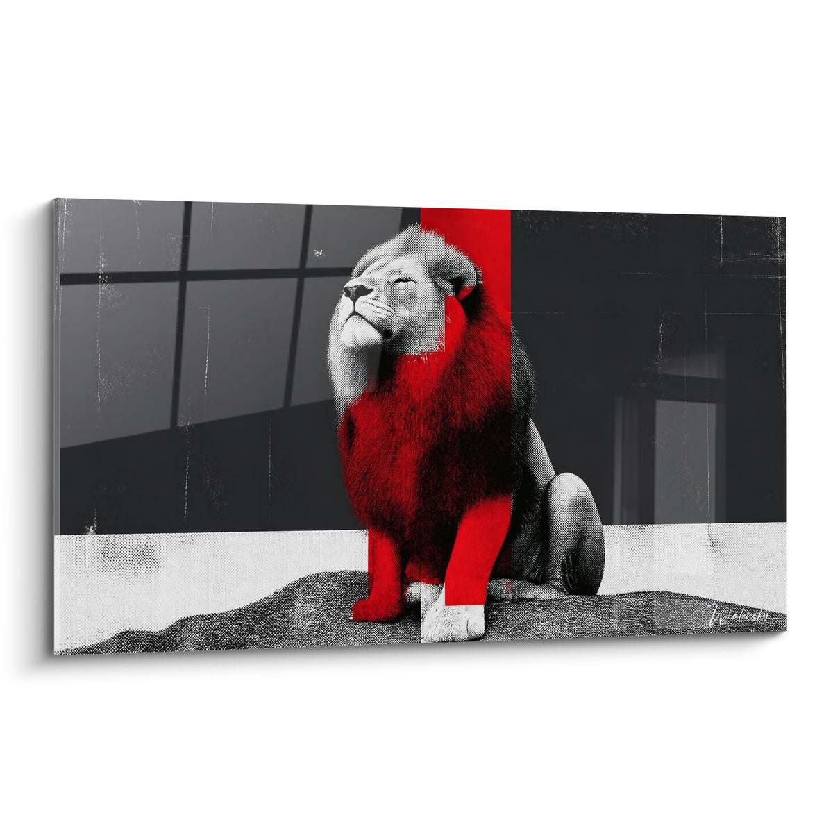 Lion assis tête levée, crinière traversée d'une bande rouge intense sur fond anthracite graphique