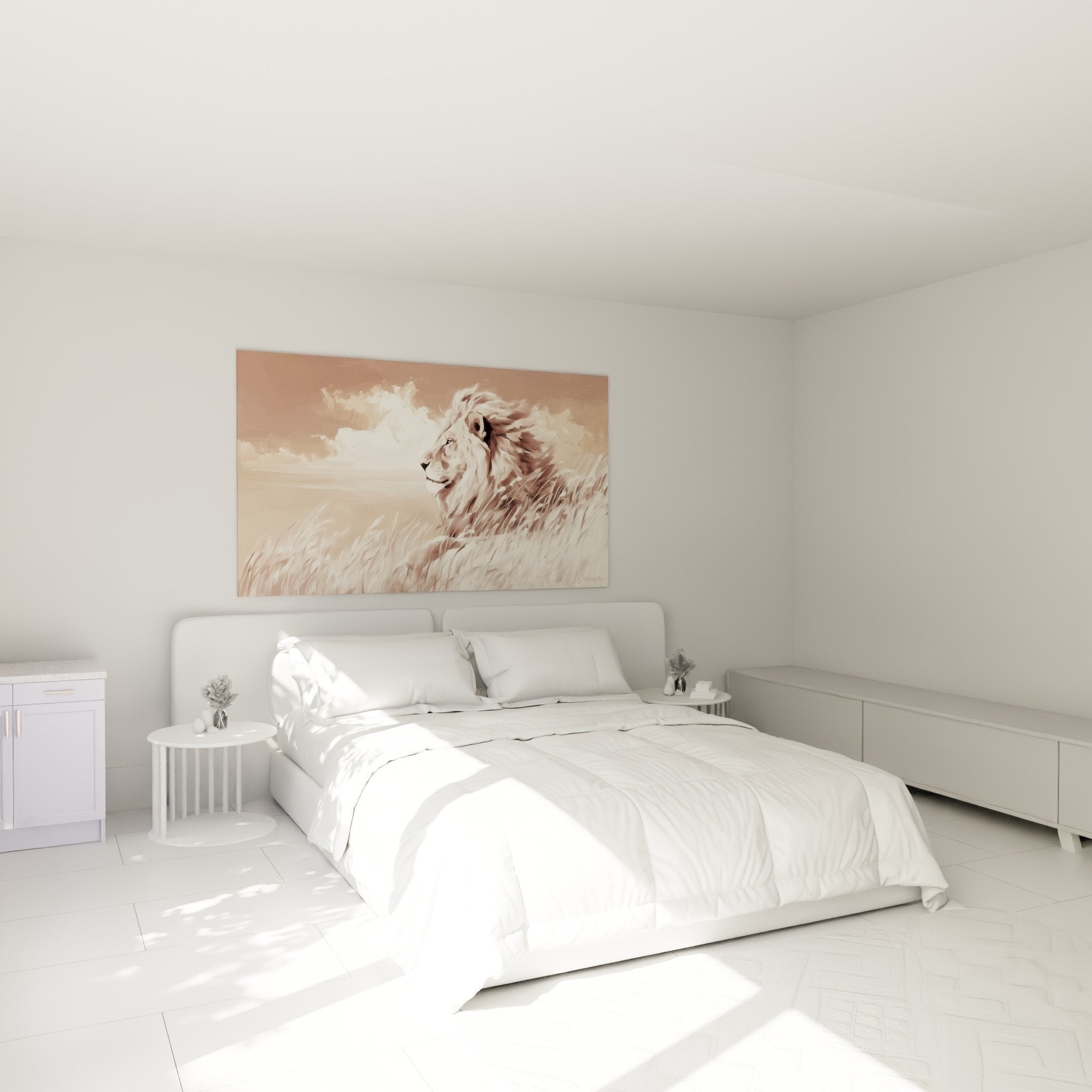 Tableau lion savane sepia dans chambre moderne mur beige decoration murale elegante naturelle