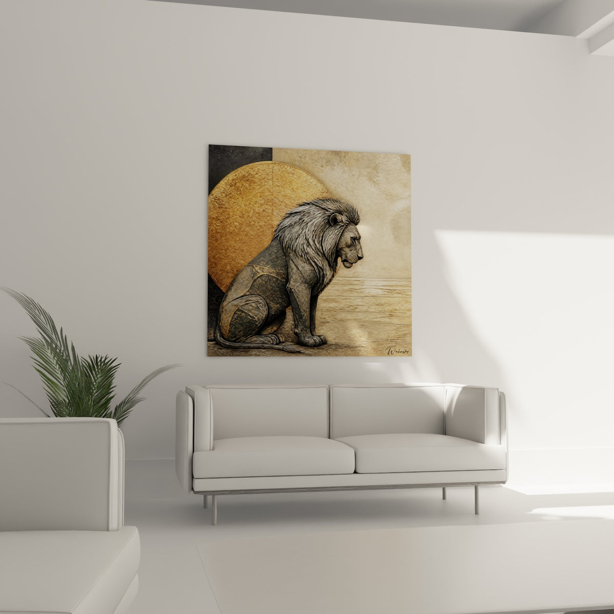 Silhouette de lion minérale aux tons anthracite et doré, au-dessus d'un canapé dans un salon lumineux