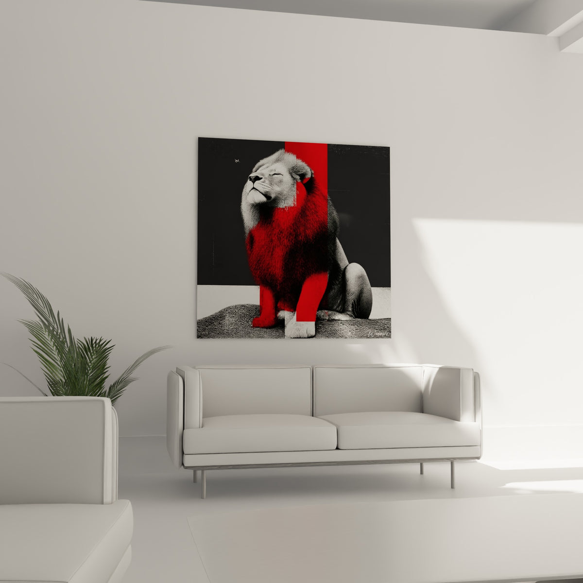 Animal puissant traité en trame noir et blanc, marqué d'un rouge intense, au-dessus d'un canapé dans un salon lumineux