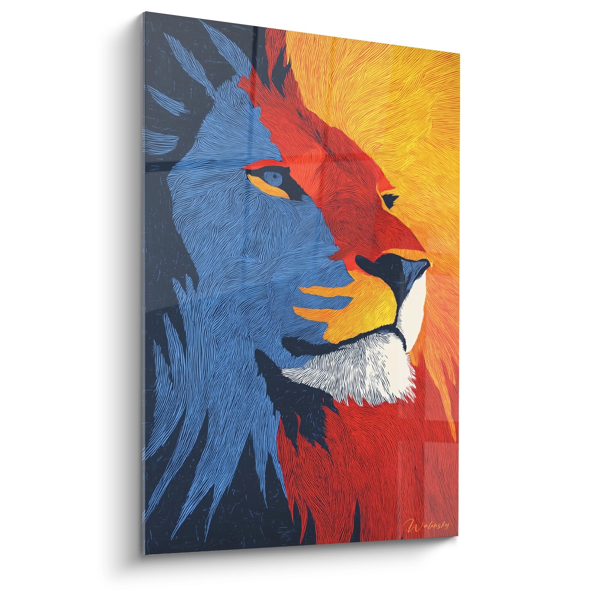 Majestic lion artwork tricolor blue red yellow textured mane intense gaze contemporary art