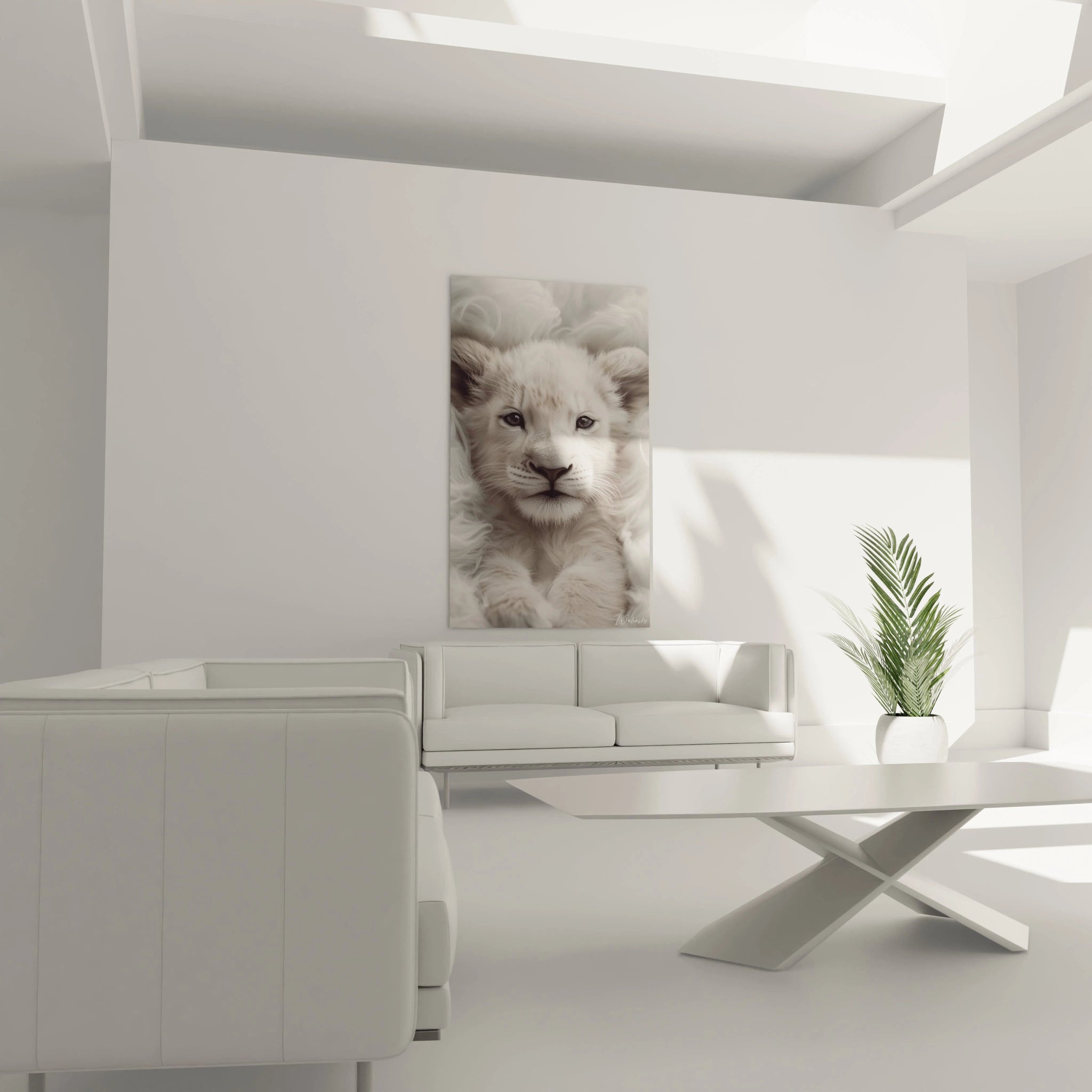 Un tableau lionceau aux traits délicats et au pelage blanc duveteux, présentant un portrait réaliste d'un jeune félin. Les textures douces et les transitions subtiles entre les tons blancs créent une impression de volume et de profondeur.