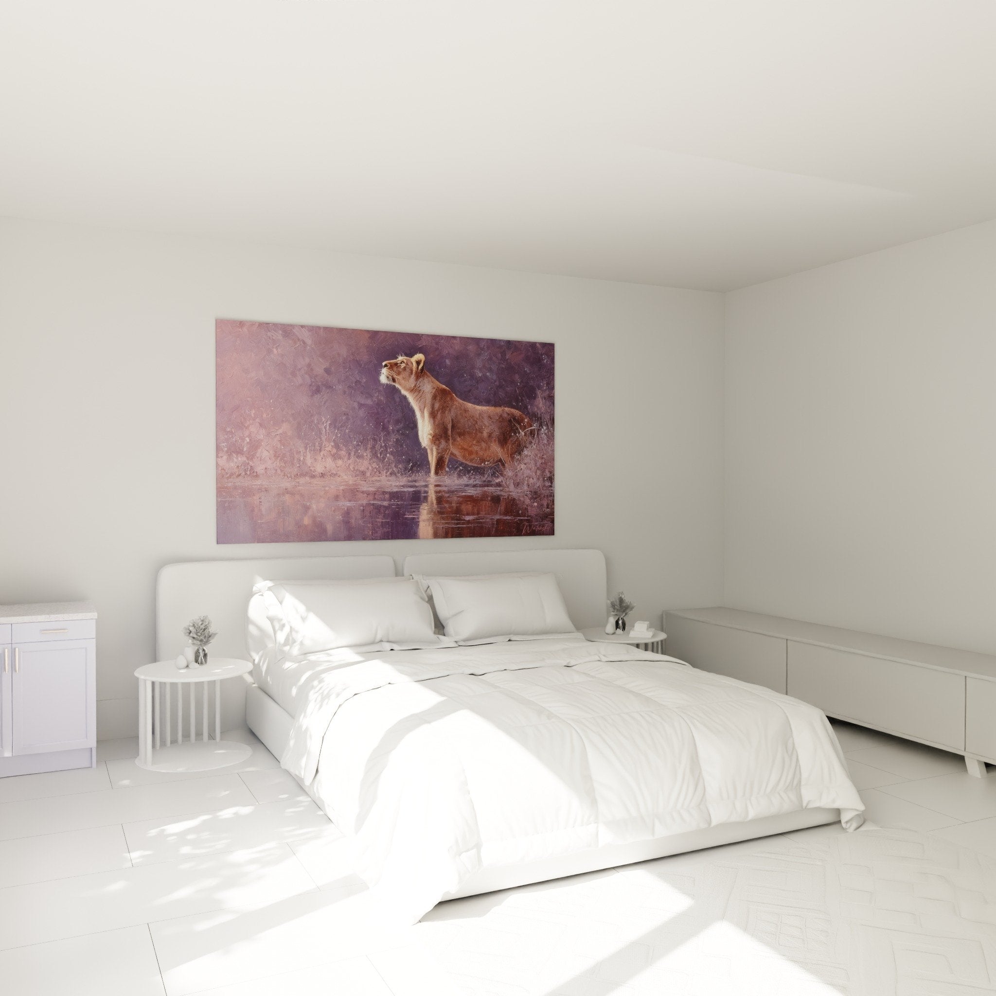 Quadro leonessa dorata tonalità viola decorazione camera ambiance zen chic arte murale animale selvatico