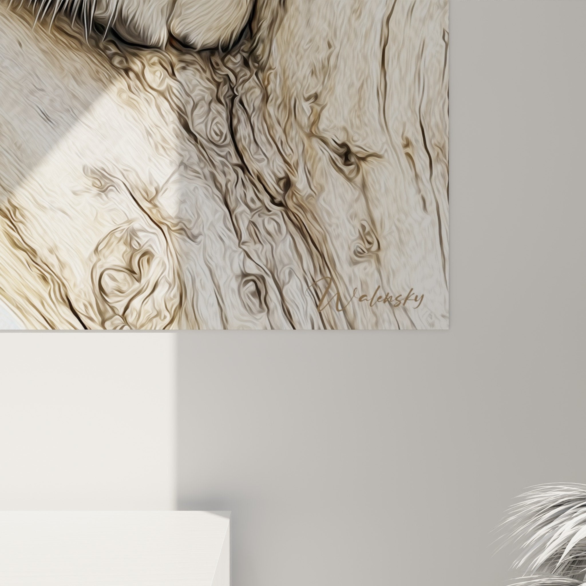 Lioness on branch wall art in contemporary interior with cozy ambiance