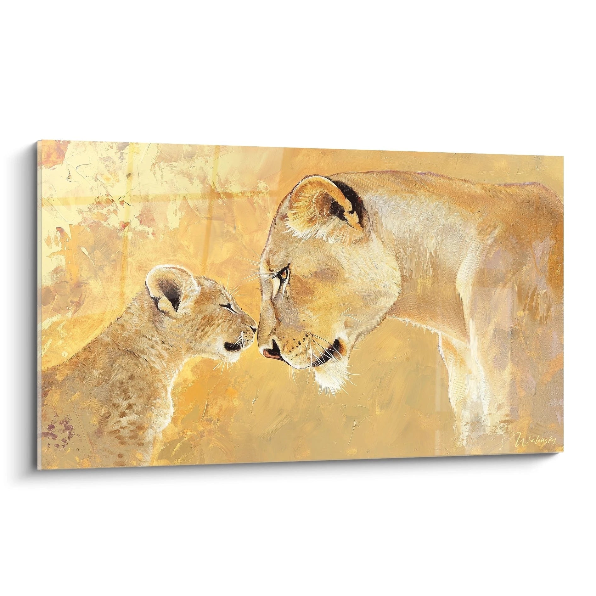 Tableau Walensky représentant une lionne et son lionceau dans des tons chauds dorés